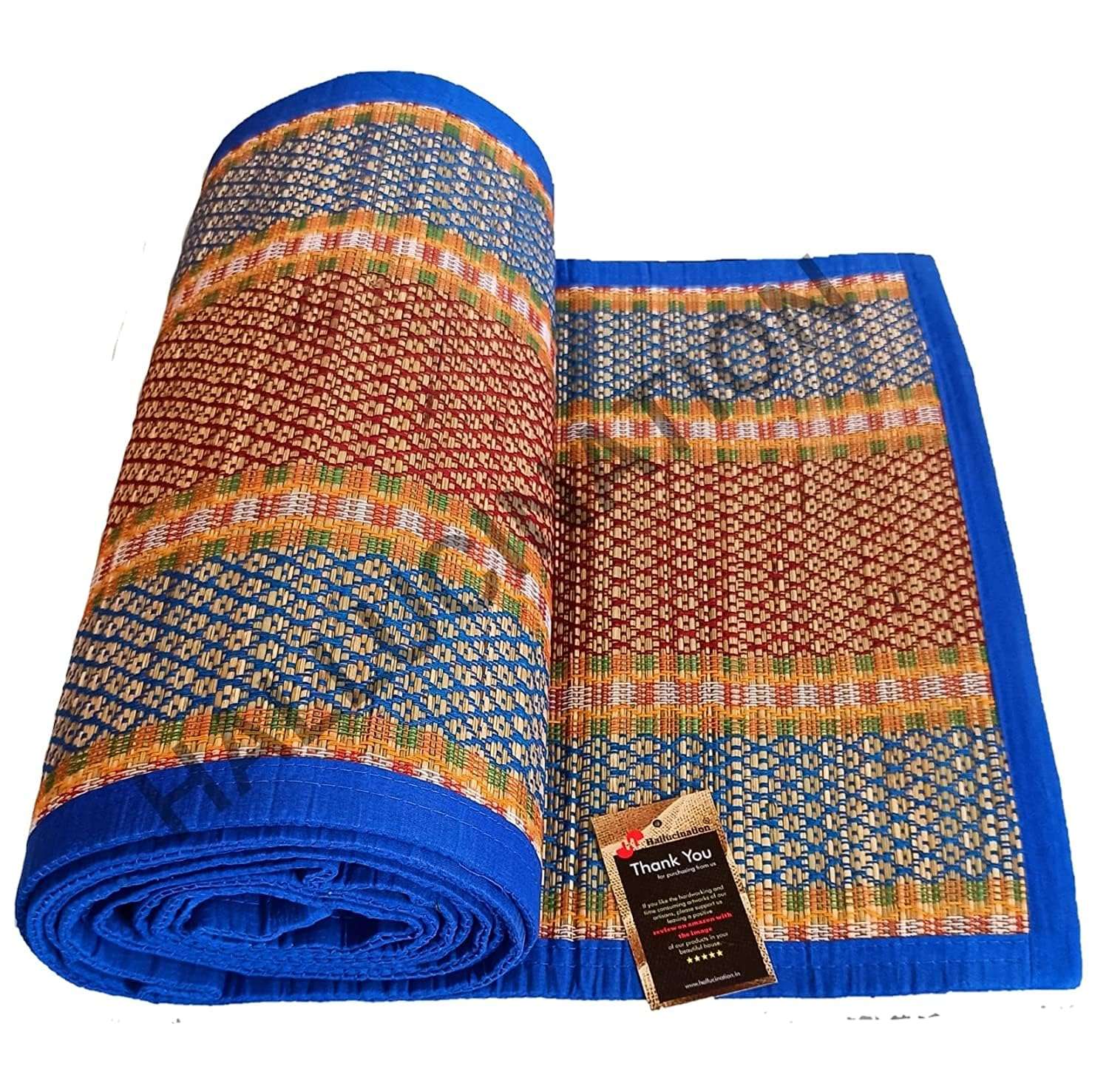 HALLUCINATION Chatai Mats for Home Sleeping on Floor Single Double King Queen Size Natural Dried Korai Pai Grass Made Yoga Mat (Blue3, Single (3ft X 6ft)) 3
