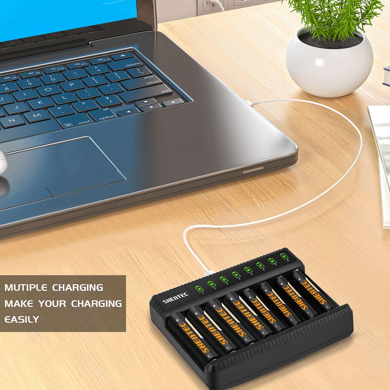 Shentec 4 Packs 2500mAh Rechargeable AA Batteries and 4 Packs 1000mAh Rechargeable AAA Batteries with Smart 8 BayAAA AA Battery Charger (USB Fast Charging, Independent Slot) 4