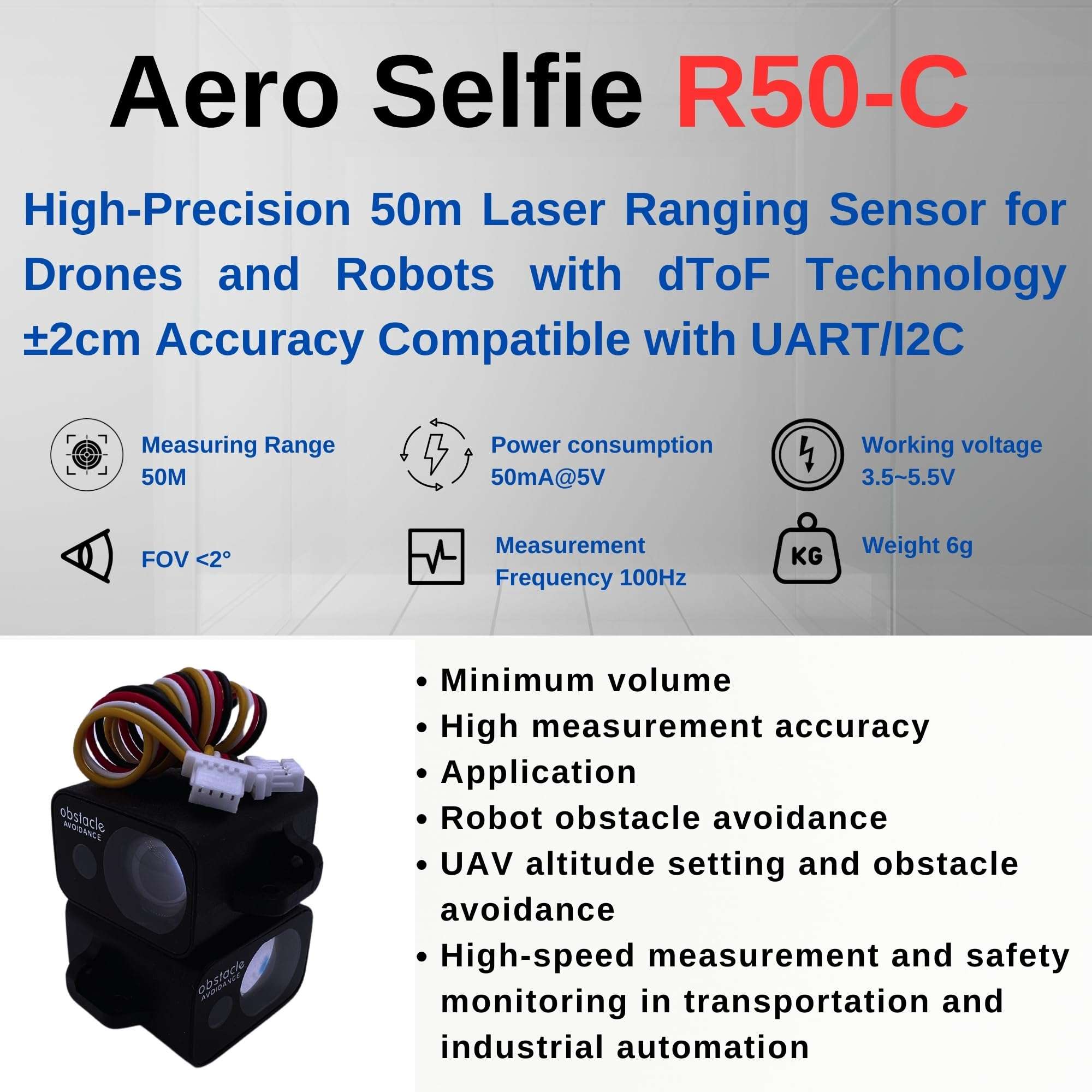 AERO SELFIE Laser Ranging Sensor for Drones & Robots with 50m Range, High-Precision, dToF Technology, ±2cm Accuracy, 50Hz, UART/I2C, 6g, 905nm, Obstacle Avoidance & UAV Altitude Control 6