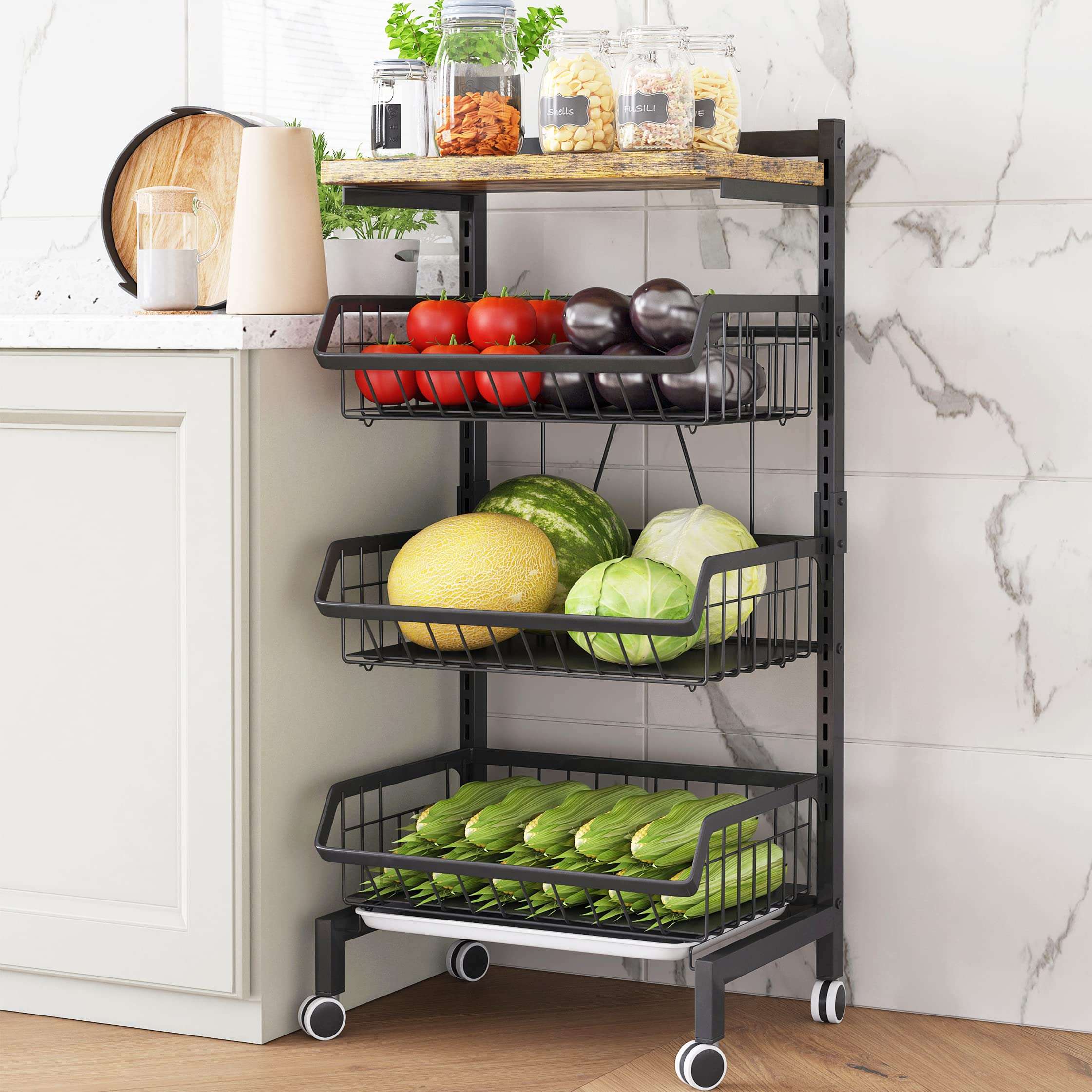 COVAODQ Fruit Basket 4-Tier Adjustable Fruit Vegetable Basket Cart Metal Wire Storage Cart Rolling Pantry Utility Kitchen Cart 1