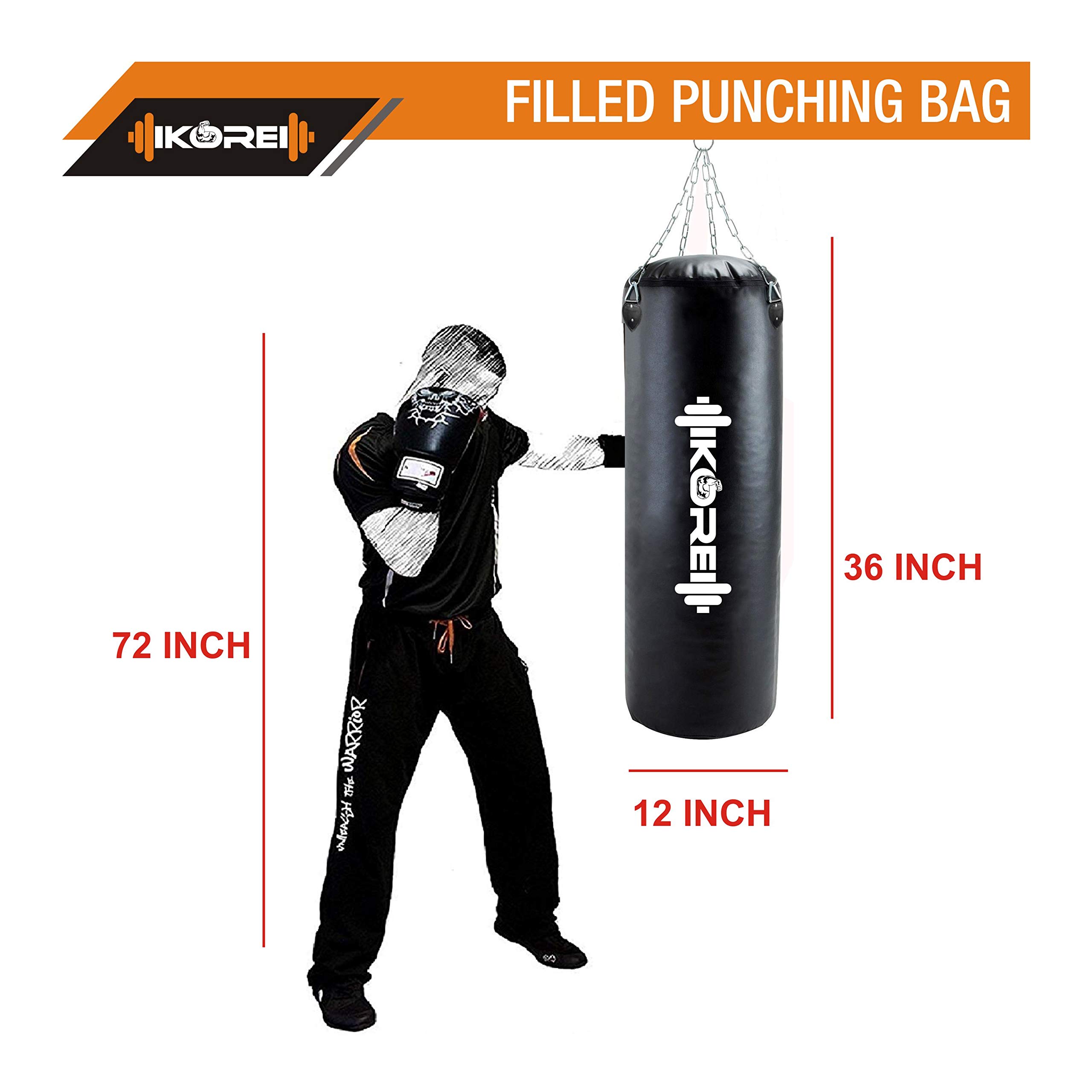 KORE Ultimate 3 Feet Filled Heavy Black Punching Bag PU Leather Boxing MMA Sparring Punching Training Kickboxing Muay Thai with Rust Proof Stainless Steel Hanging Chain 5