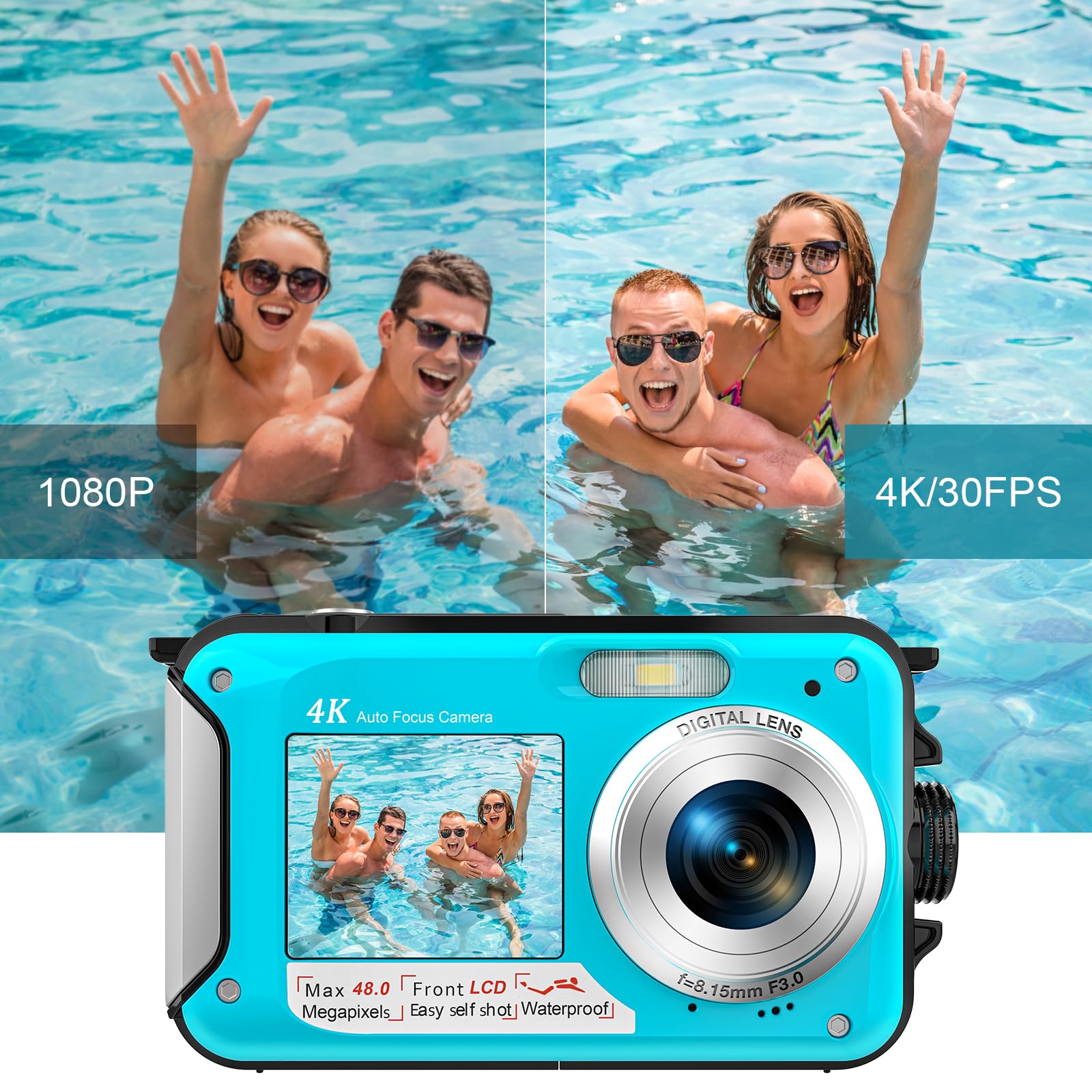 4K Waterproof Digital Camera 11FT Underwater Camera Selfie Dual Screens 48MP Waterproof Camera with 32GB Card 16X Digital Zoom Auto-Focus Underwater Camera for Snorkeling 3