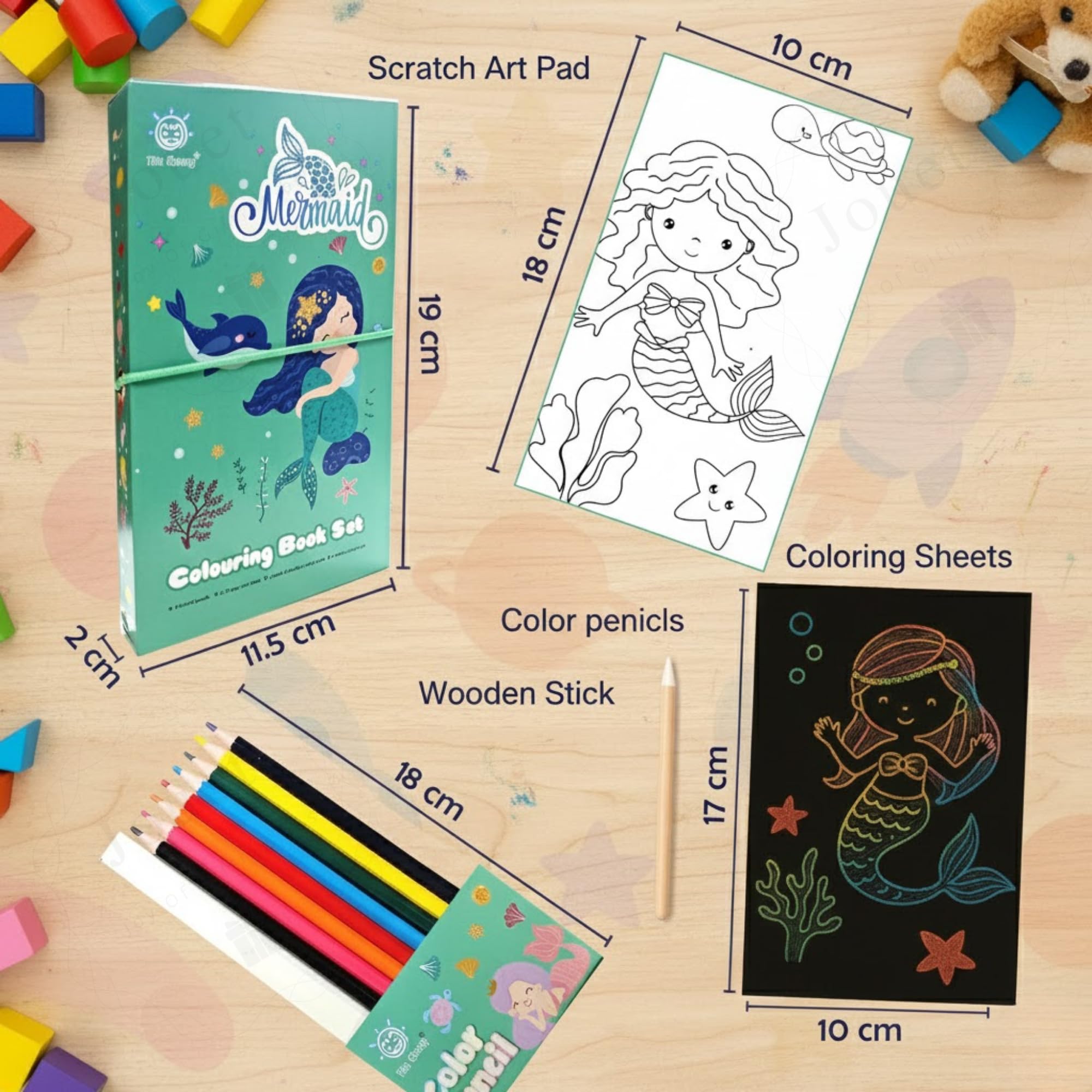 JOUET Mermaid Colouring Book Set for Kids, 30 Pages Coloring Book with 8 Color Pencils, 10 Scratch Art Sheets, Wooden Stylus, Ages 4 and Above 6
