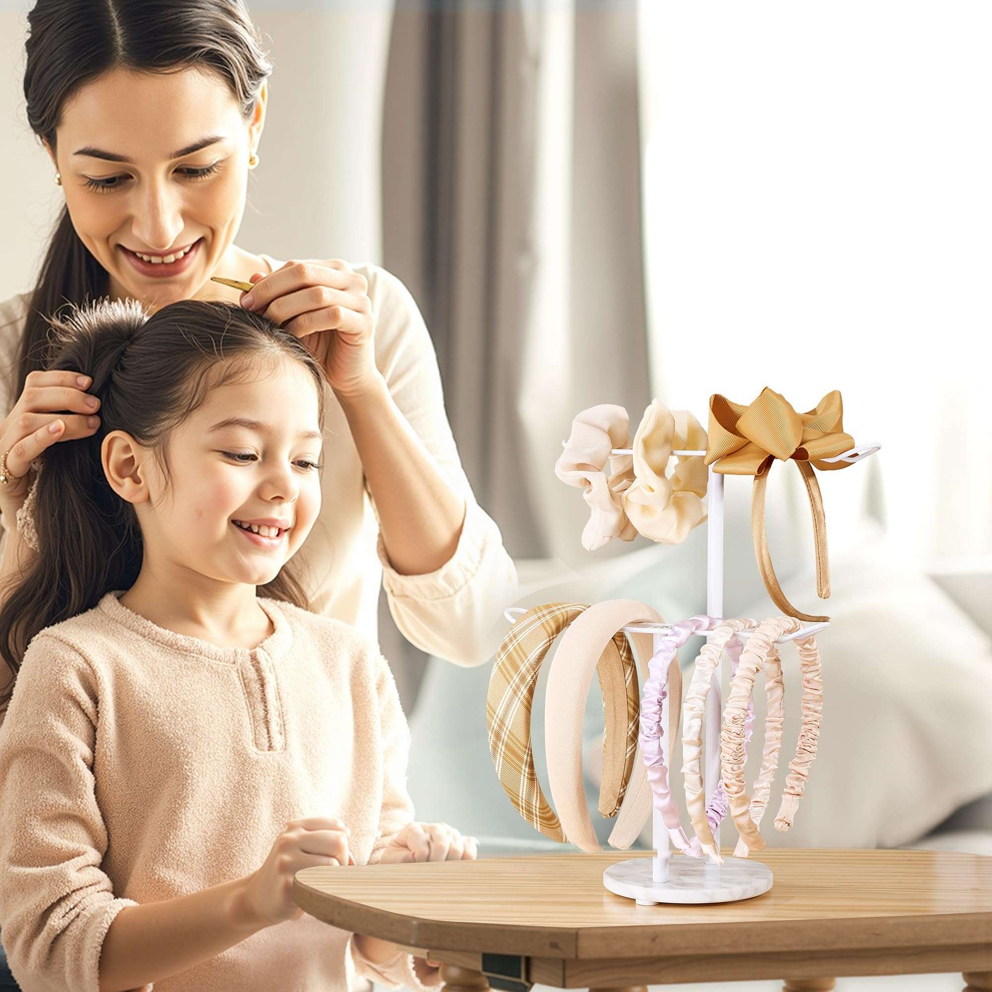 Josmimic White Headband Holder and Scrunchie Organizer: Hair Accessory Storage Stand with White Marble Base, Two-Tier Design for Bathroom, Vanity, or Dresser 4