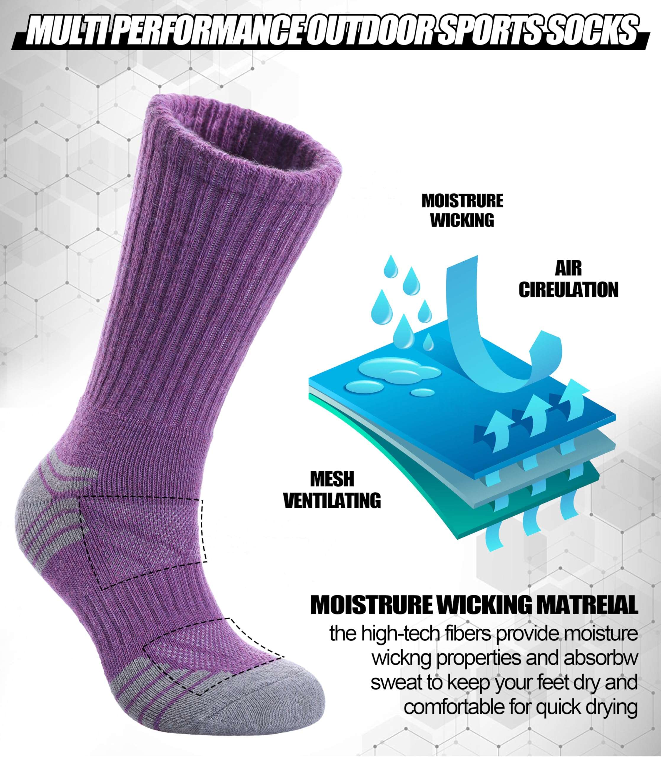 NOCIN COLOR Merino Wool Hiking Socks for Women Men Thermal Winter Warm Boot Socks Athletic Work Cozy Cushion Socks 5 Pairs(5 Pairs Colorful,Medium) 5