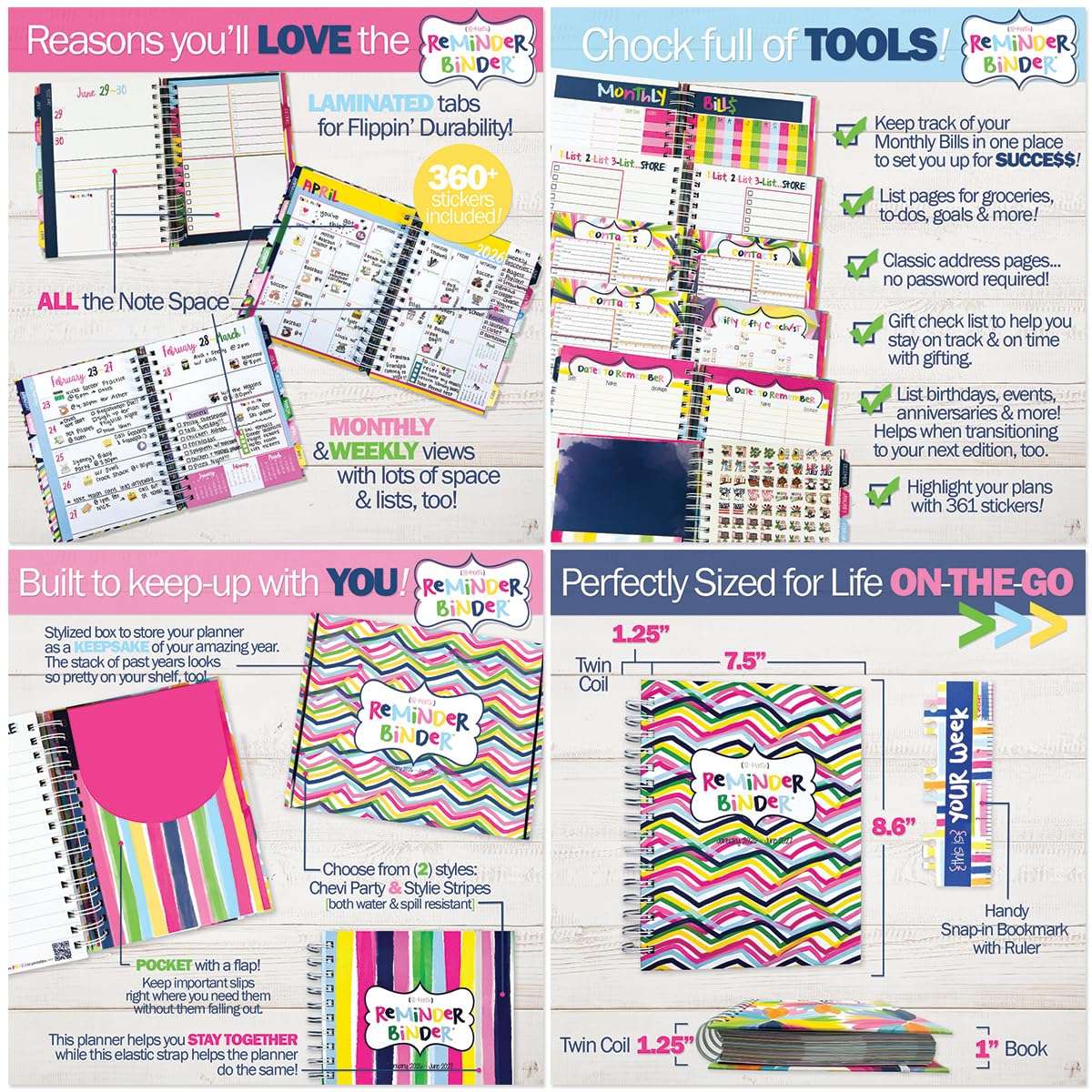 Reminder Binder 2023-2024 18-Month Planner + Variety Planner Sticker Set, Weekly & Monthly Views, 7.5" x 8.6", Hard Cover, Elastic Closure, Monthly Divider Tabs, Pockets, to-Do Lists, Keepsake Box 2