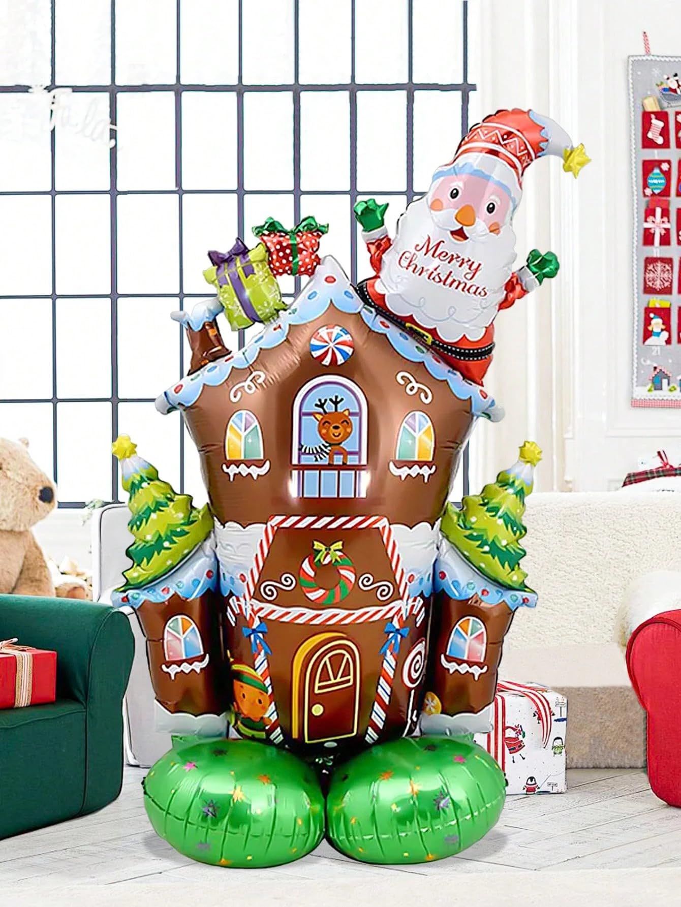 Atpata Funky Gingerbread Christmas House with Merry Christmas Santa Claus on Roof & Candy Gates Self Standing Foil Balloon with Balloon Base for Xmas Party Winter Decoration