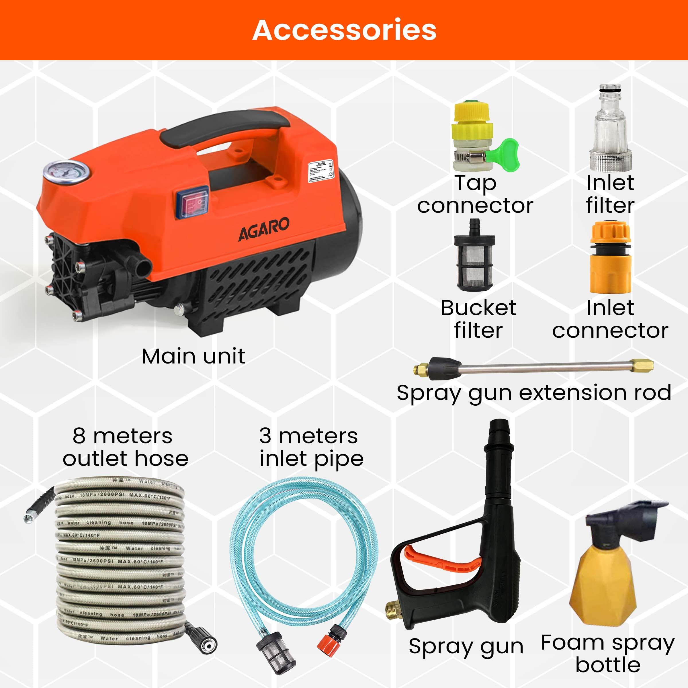 AGARO Supreme High Pressure Washer, 1800 Watts, 120 Bars, 6.5L/Min Flow Rate, 8 Meters Outlet Hose, Portable, for Car,Bike and Home Cleaning Purpose, Black and Orange 3