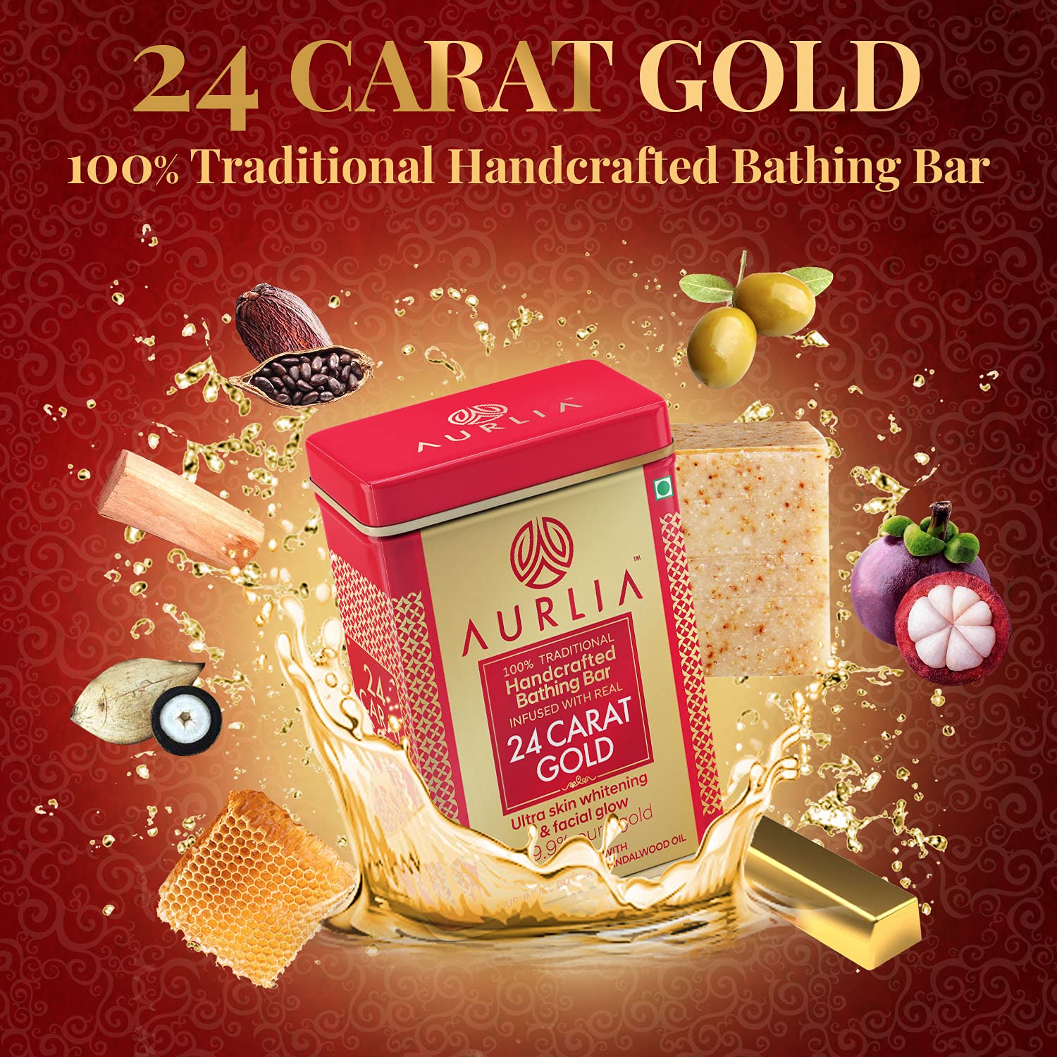 AURLIA 24 Carat Gold Ayurvedic Handcrafted Bathing Bar For All Skin Types -50g*2pcs (100g) 1