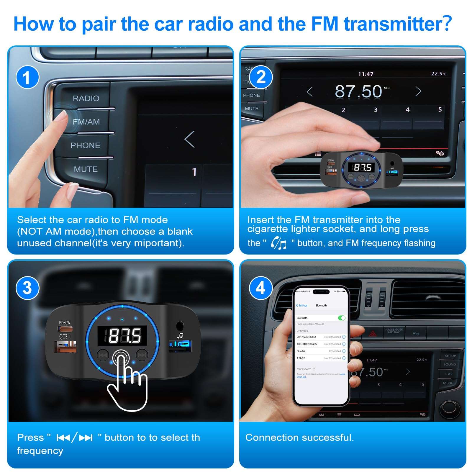 pgraded Bluetooth FM Transmitter for Car, PD30W/QC18W Dual USB Auto Charger Adapter, 7-Color LED Mood Light, Wireless FM Radio Car Kit Bluetooth 5.3 Hands-Free with Music Control & Noise Cancellation 4