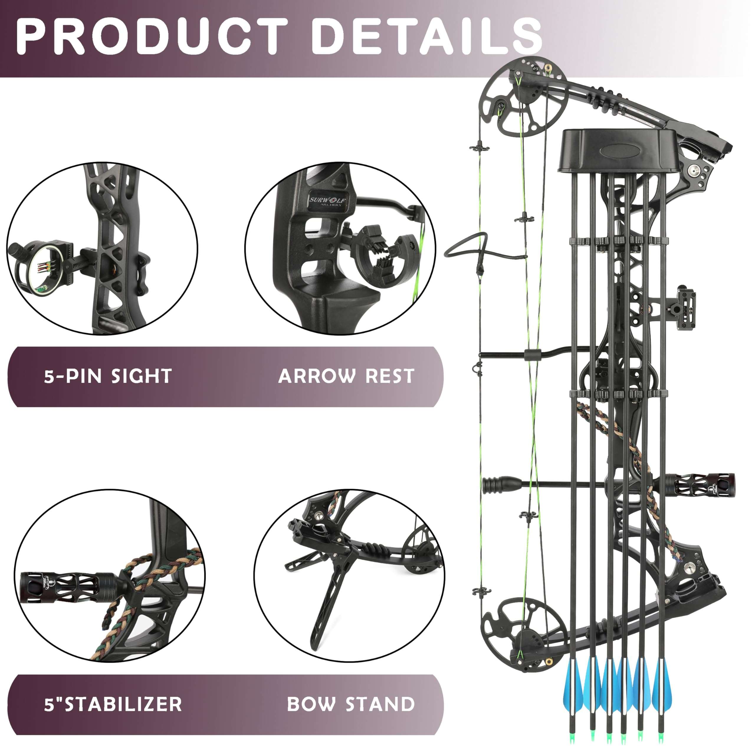 surwolf Compound Bow Kit, Hunting and Target, Limb Made in USA,Draw Weight 30-70 lbs Adjustable, Draw Length 19-31",up to IBO 320FPS Speed, Package with Archery Hunting Accessories (Grey) 3