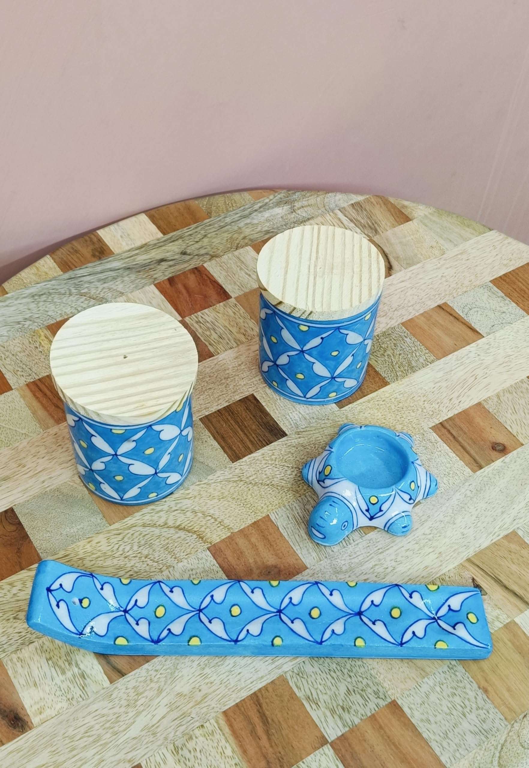 HOUSE OF GULAB Blue Pottery, 100% Handcrafted Blue Pottery with Gift Box, Eco Friendly Pottery for Kitchen & Bathroom (Sky Blue - Bhakti Set) 5