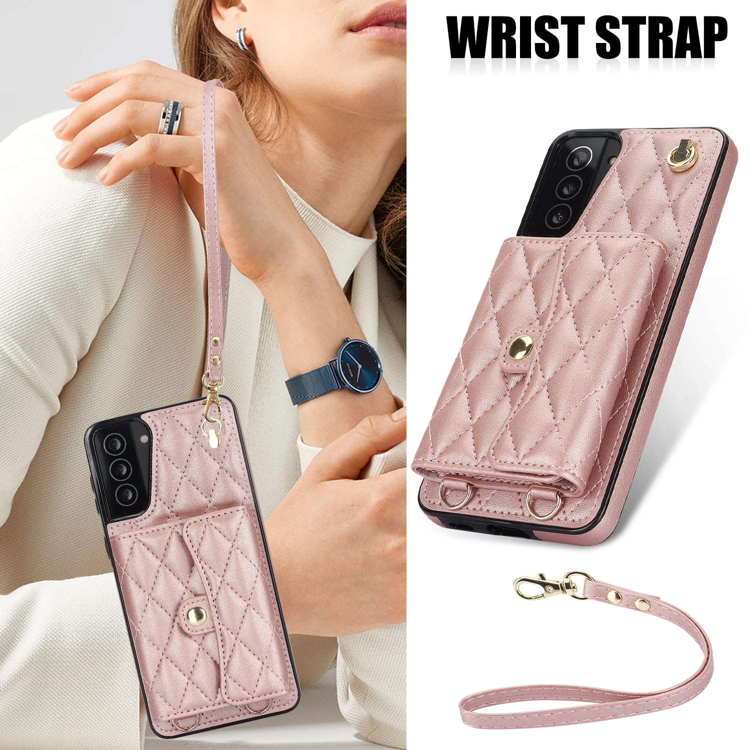 Asuwish Phone Case for Samsung Galaxy S21 Plus S21+ 5G Wallet Cover with Stand RFID Credit Card Holder Strap Lanyard Leather Cell Accessories S21+5G S21plus 21S + S 21 21+ G5 Women Girls Rose Gold 3