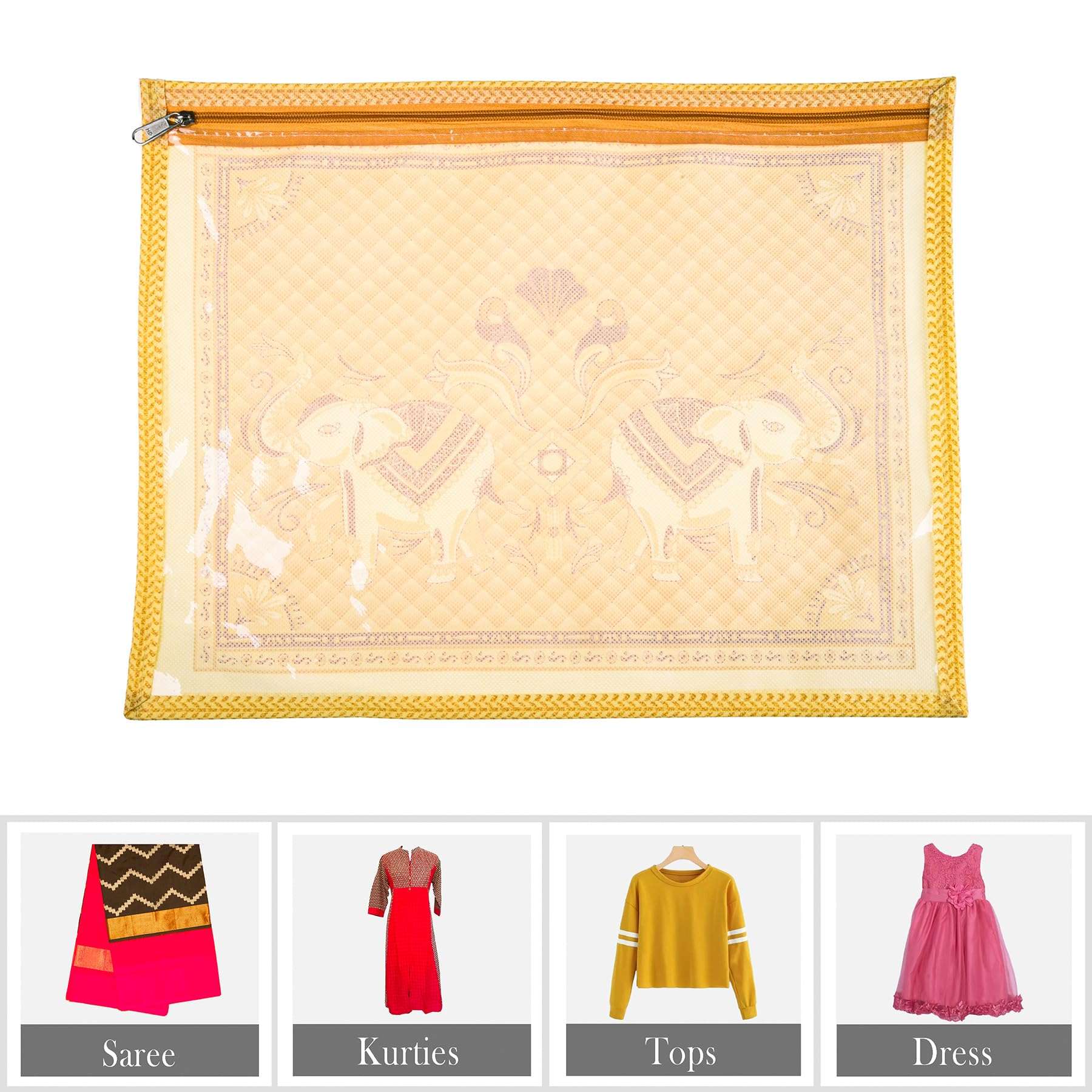 Kuber Industries cotton Saree Cover|Elephant Design Clothes Storage Bag|Single Packing Saree with Zip Closure|Wardrobe Organizer|Pack of 12|Cream 6