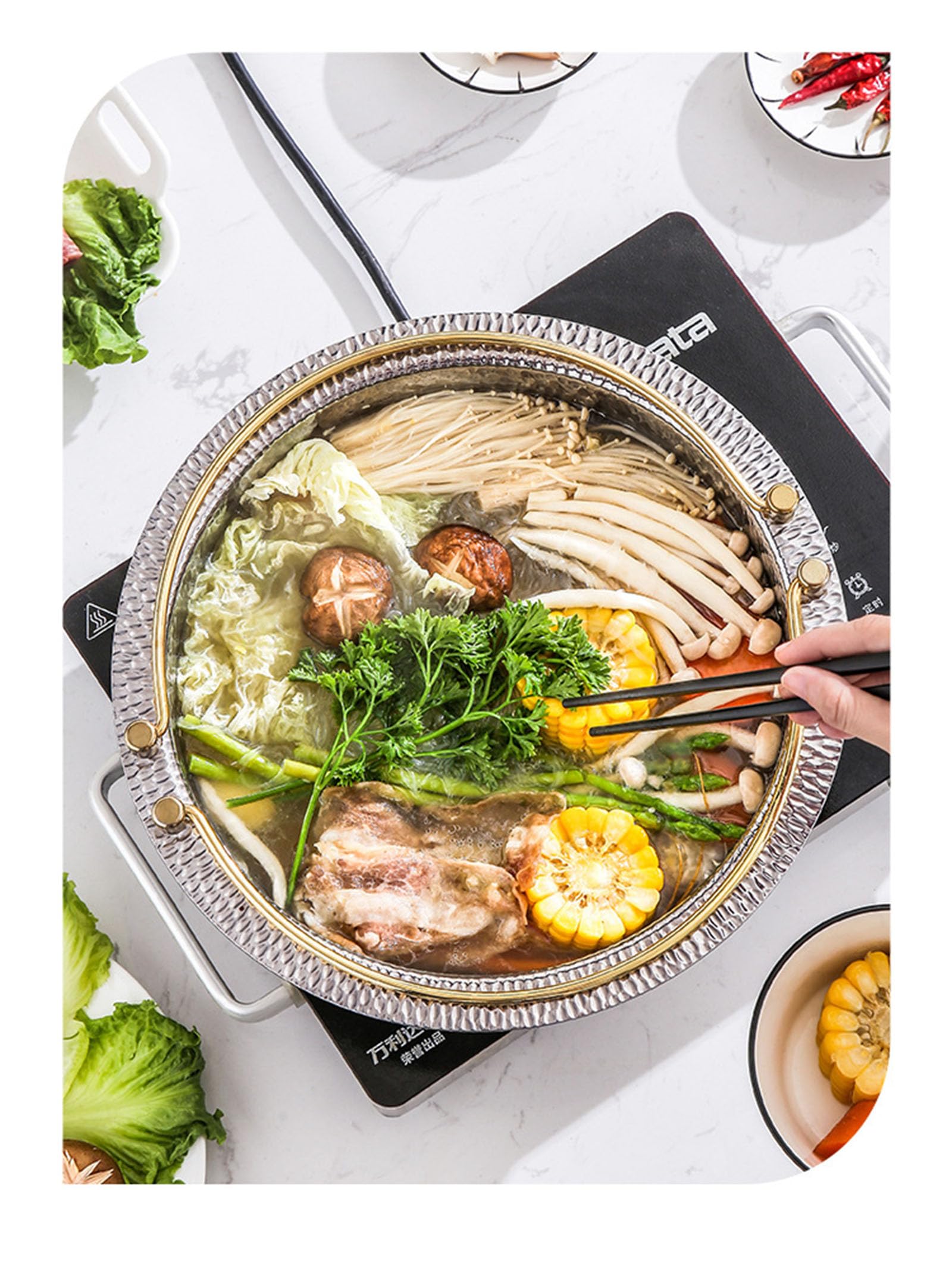 GFHVDC Japanese Sukiyaki Stainless Pan Commercial Hammered Shabu Shabu Pot Japanese Style Sukiyaki Nabe Pot 304 Stainless Steel Stock Pot Hotpot Stockpot for Induction Cooktop, Gas Stove & Hot Burner, 3
