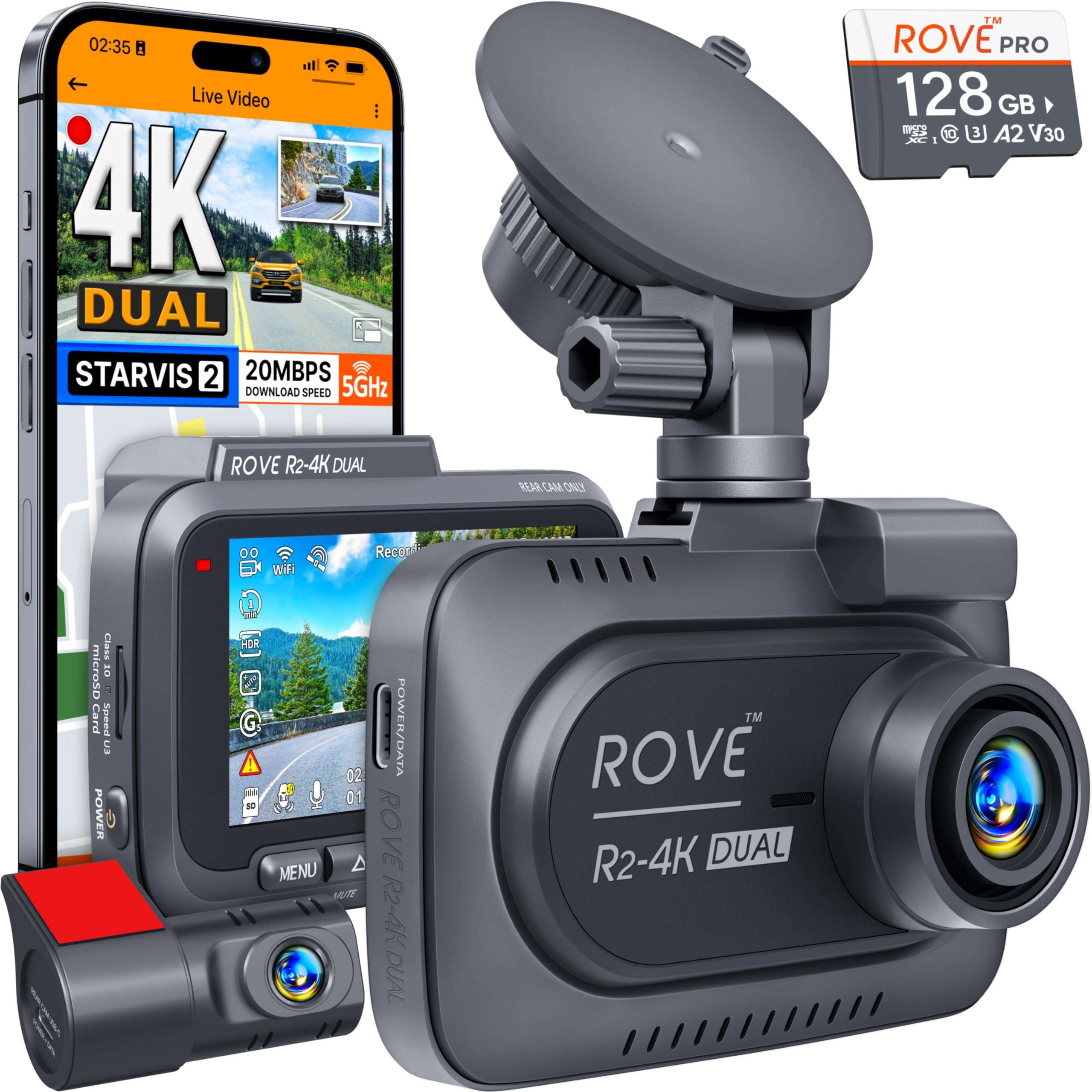 ROVE R2-4K DUAL Dash Cam Front and Rear, STARVIS 2 Sensor, FREE 128GB Card Included, 5G WiFi - up to 20MB/s Fastest Download Speed with App, 4K 2160P/FHD Dash Camera for Cars, 3" IPS, 24H Parking Mode 1