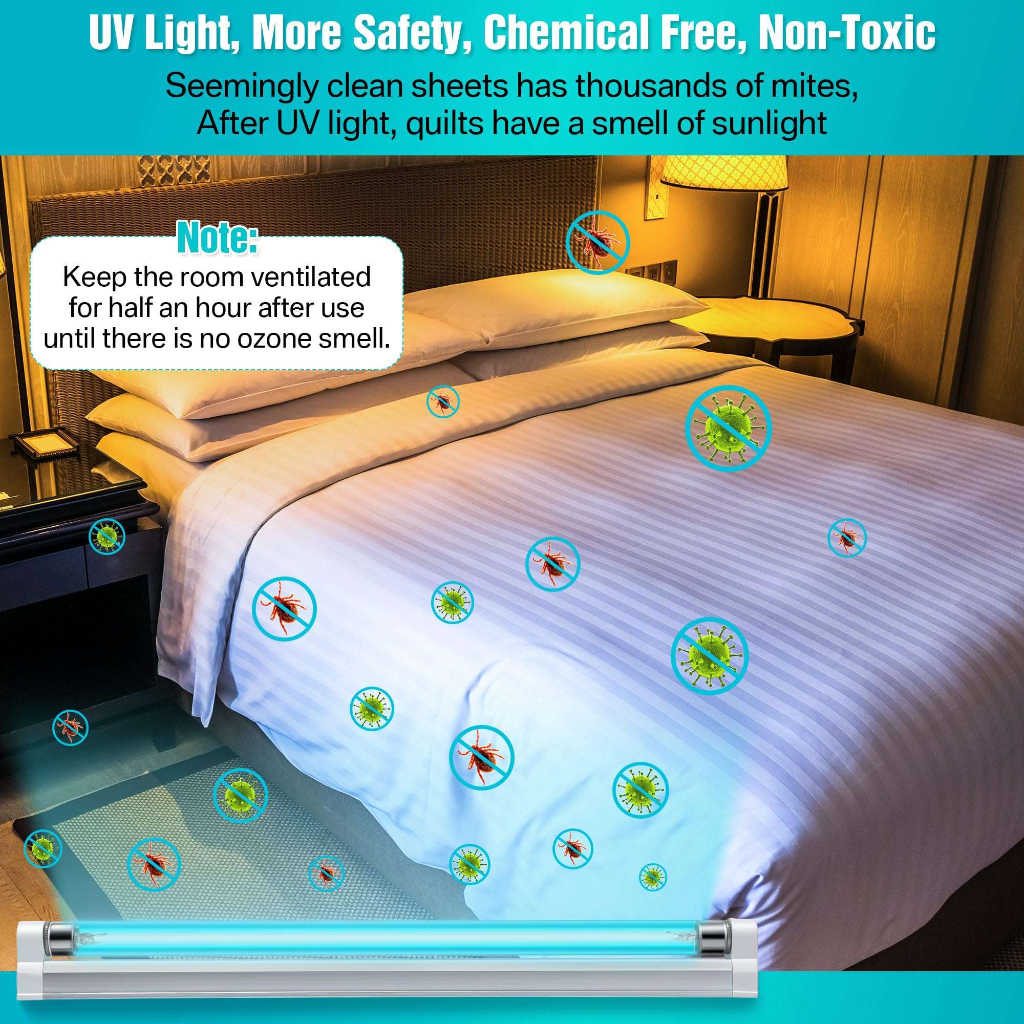 Qualirey 1 Pack UV Light with Ozone, 110V UVC Double Germicidal Lamp Including ON/Off Switch Cord and Plug, 253.7nm Wavelength UVC Lamp with Connector and Screw Tools for Closet Shoe Cabinet (8w) 2