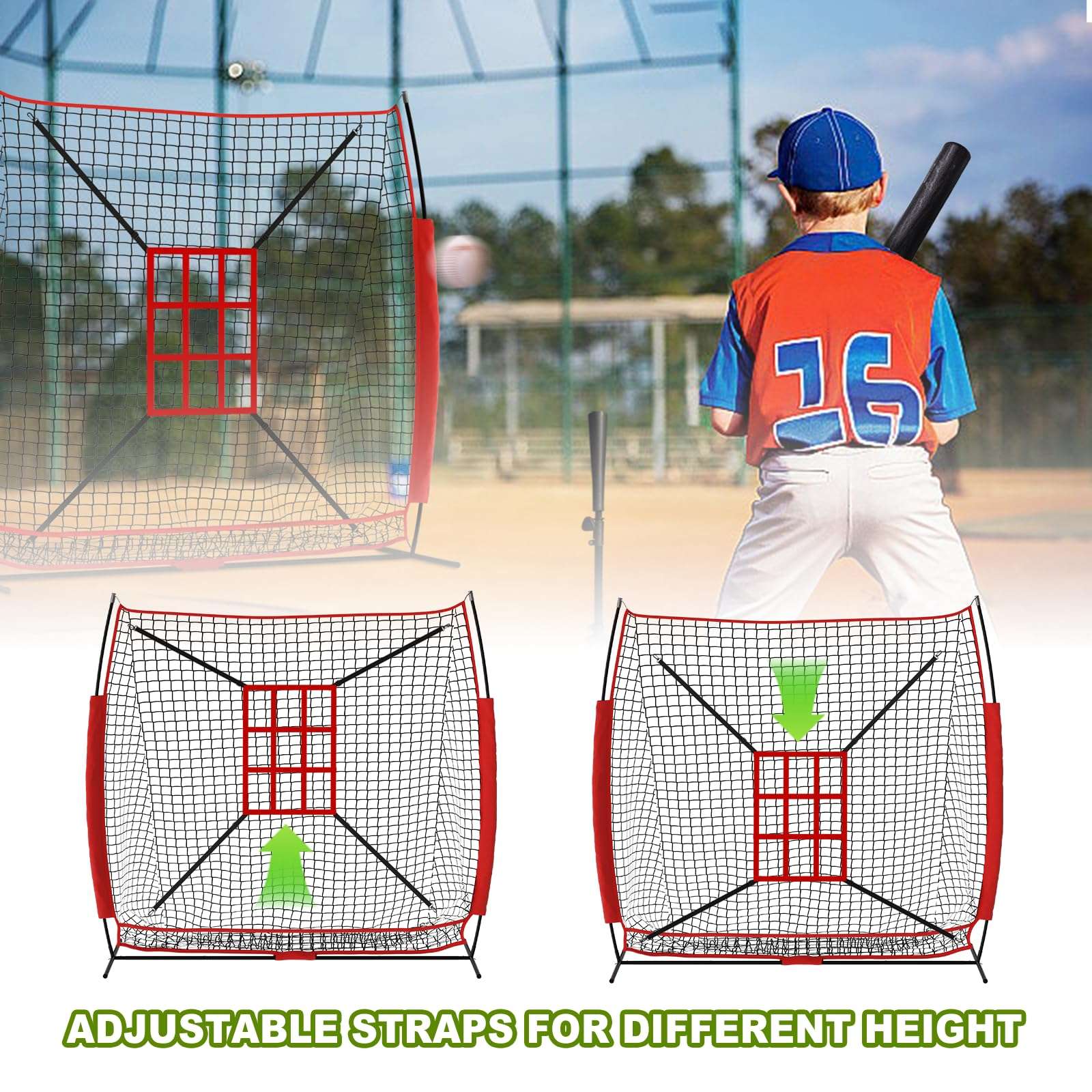 Vaolvpant 7x7 Ft Baseball & Softball Practice Hitting & Pitching Net with Strike Zone and Carry Bag Easy Installation Portable Baseball Pitching Net for Indoor/Outdoor Use with Tee 4