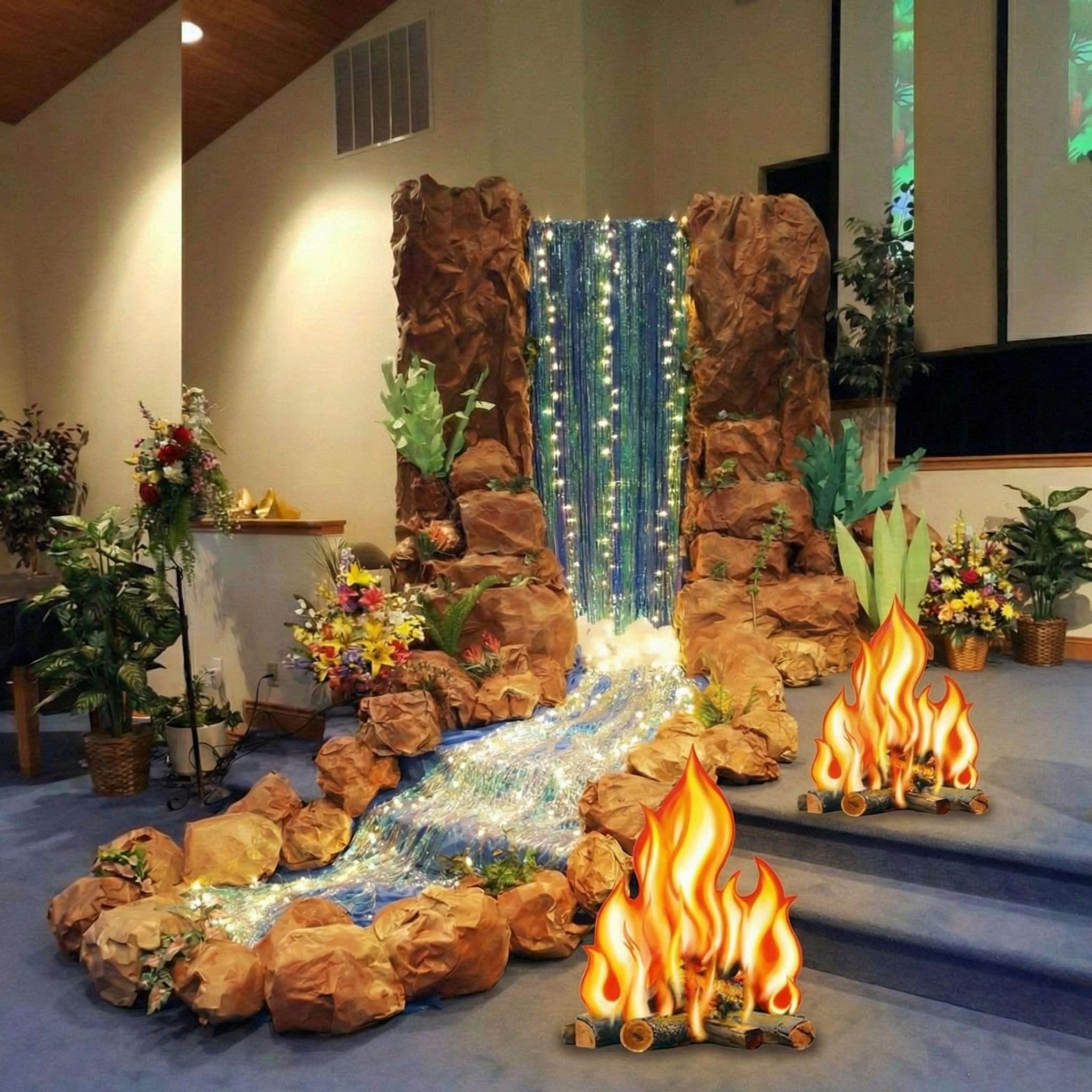 Spiareal 7 Pcs Waterfall Landscaping Kit for Classroom Vbs Decorations DIY Rainforest Campfire Backdrop with LED Light Bible Story Scene 3D Stream Props Vacation Bible School Jungle Church Event 2026 2