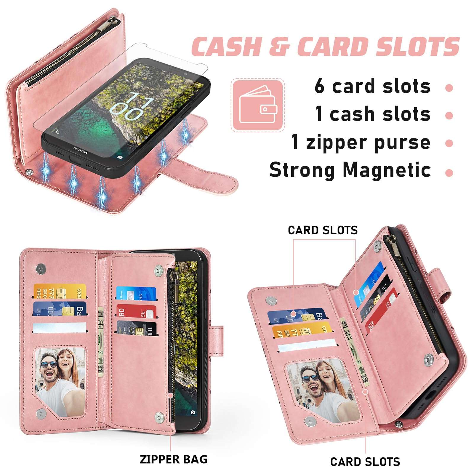 Asuwish Phone Case for Nokia C100 4G LTE N152DL Zipper Wallet Magnetic Detachable Cell Cover with Screen Protector Crossbody Lanyard Strap Flip Card Holder Slot C 100 100C 5.45 2022 TA1484 Rose Gold 3