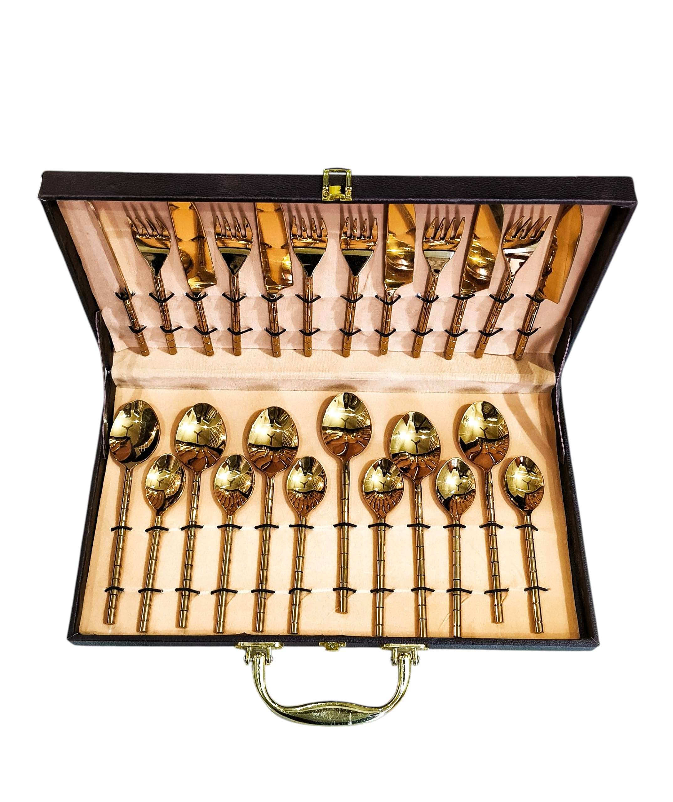 PITAL NAGRI ECRAFT Pure Brass Royal Cutlery Set with Velvet Box Gold Finish Set of 24 Flatware for Dining Table Dinnerware Serve Ware [Dinner Fork-Tea Spoon-Salad Spoon-Knife] 3
