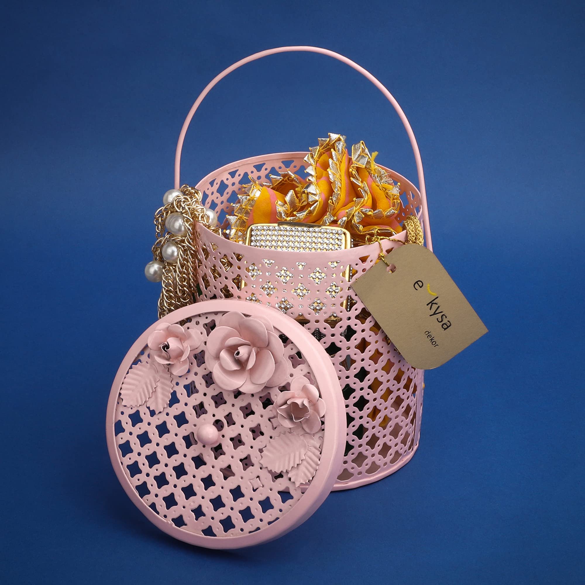 ekysa dekor metal multipurpose hamper Fancy Basket/Tray/Platter box with lid and hadles for Packing, Gifting, Decoration - 13 * 13 * 15 cm, Baby Pink 4
