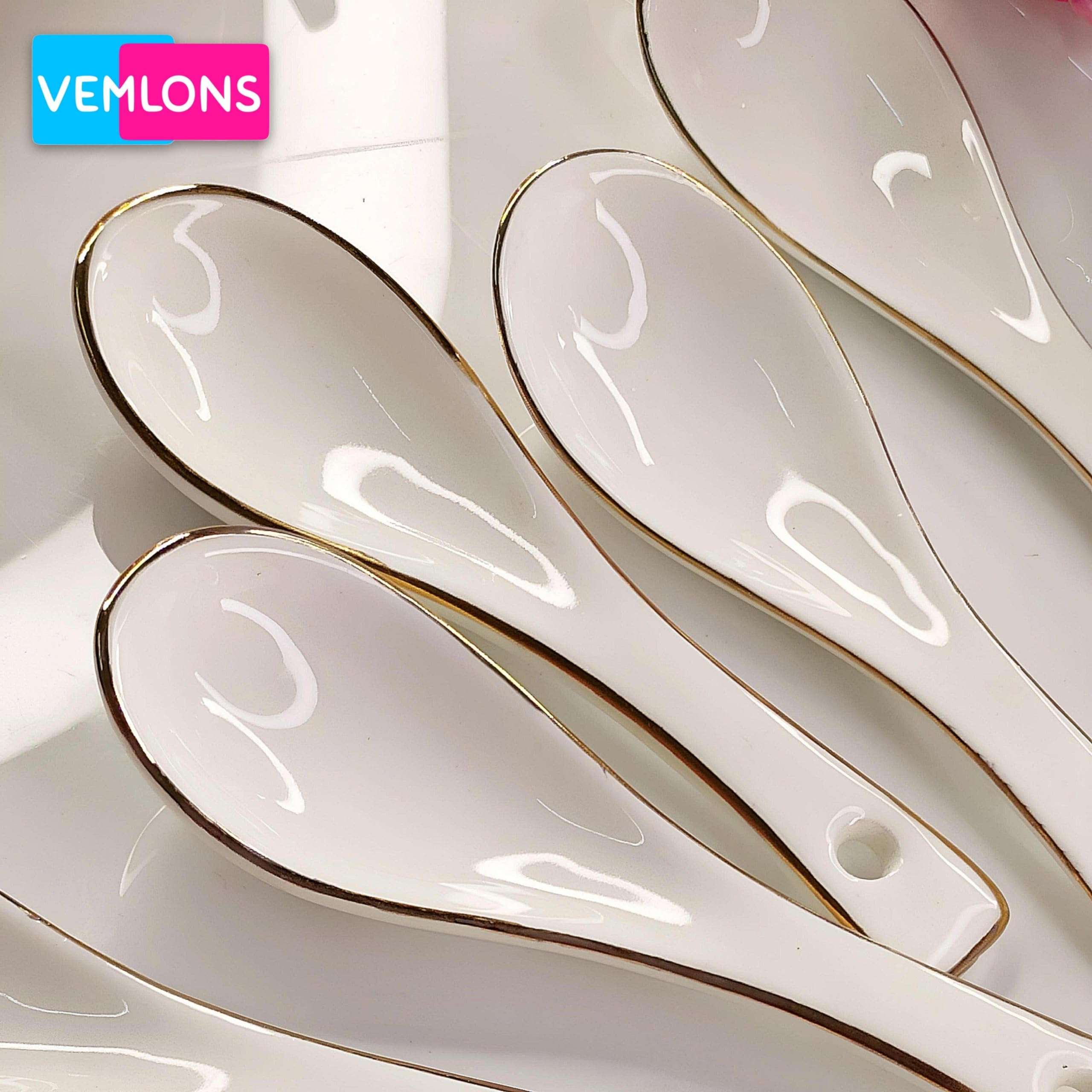 Vemlons Soup Spoons Ceramic Soup Spoon/Ceramic Golden line Soup Spoon Set of 6 Piece Spoon Set 3