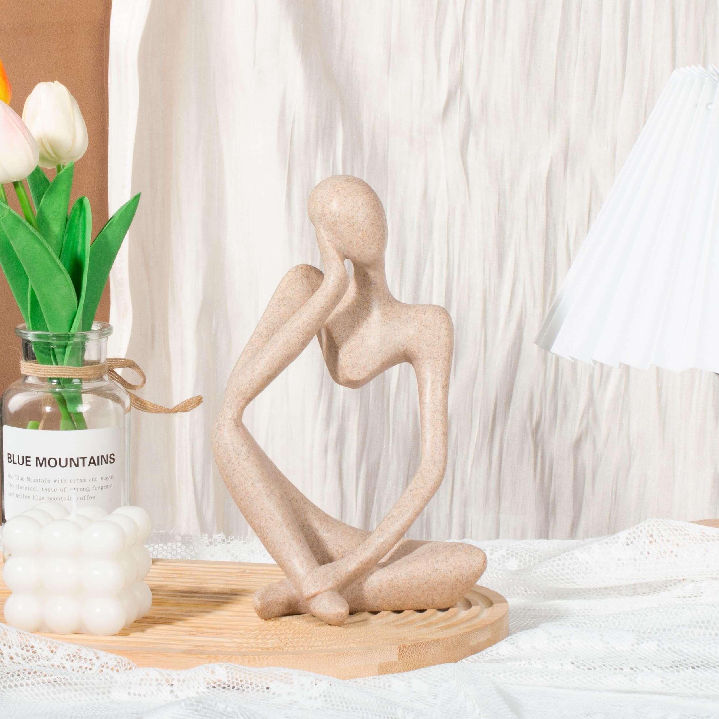 INNOLITES Boho Decor Thinker Statue Abstract Art Sculpture, Sandstone Resin Collectible Figurines for Home Living Room Office Shelf Decoration (Sandstone Left) 5