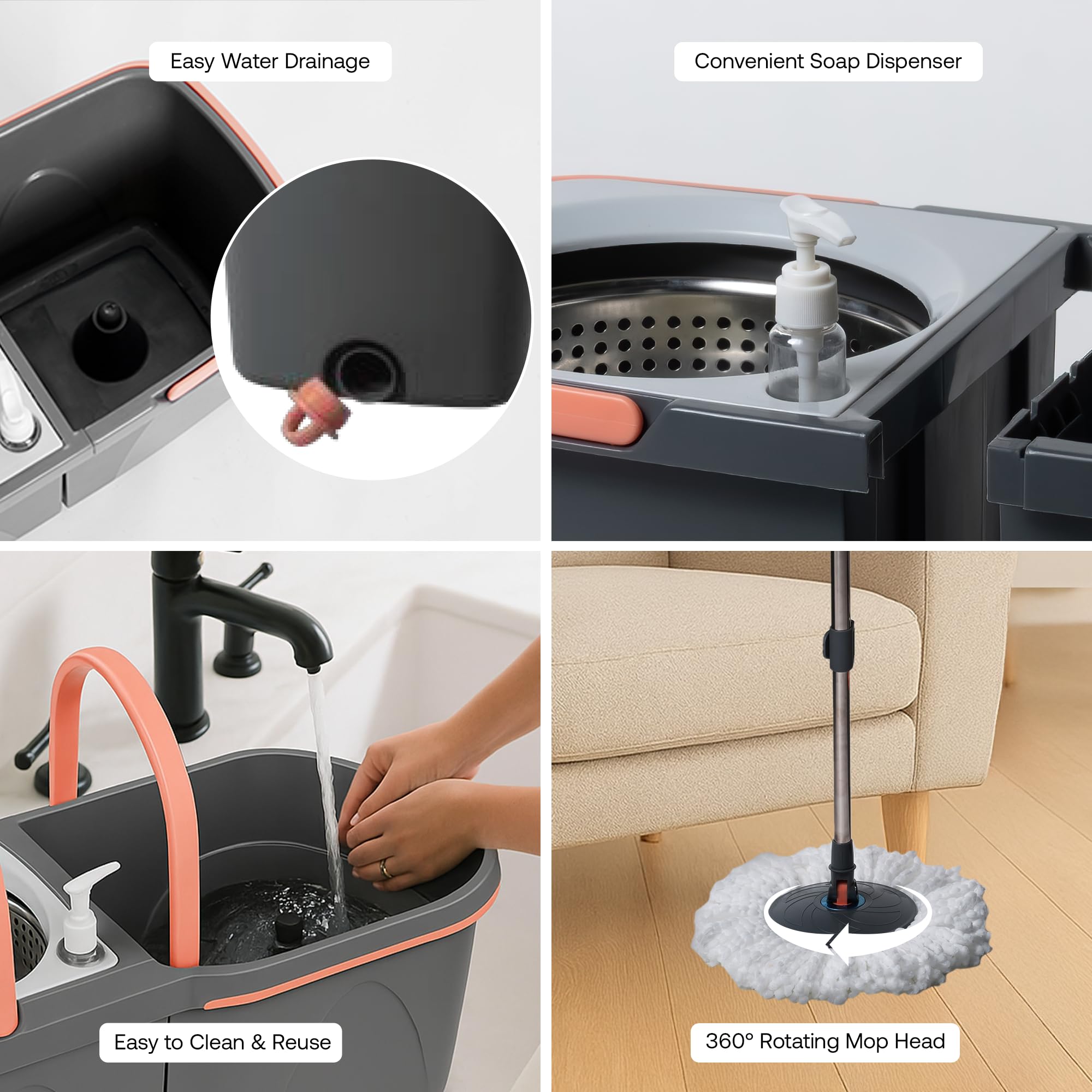 BonKaso Twin Spin Mop Set | 1 Bucket, 1 Handle & 2 Microfiber Mop Heads with Stainless Steel Wringer | 360° Easy Floor Cleaning for Home & Office 5