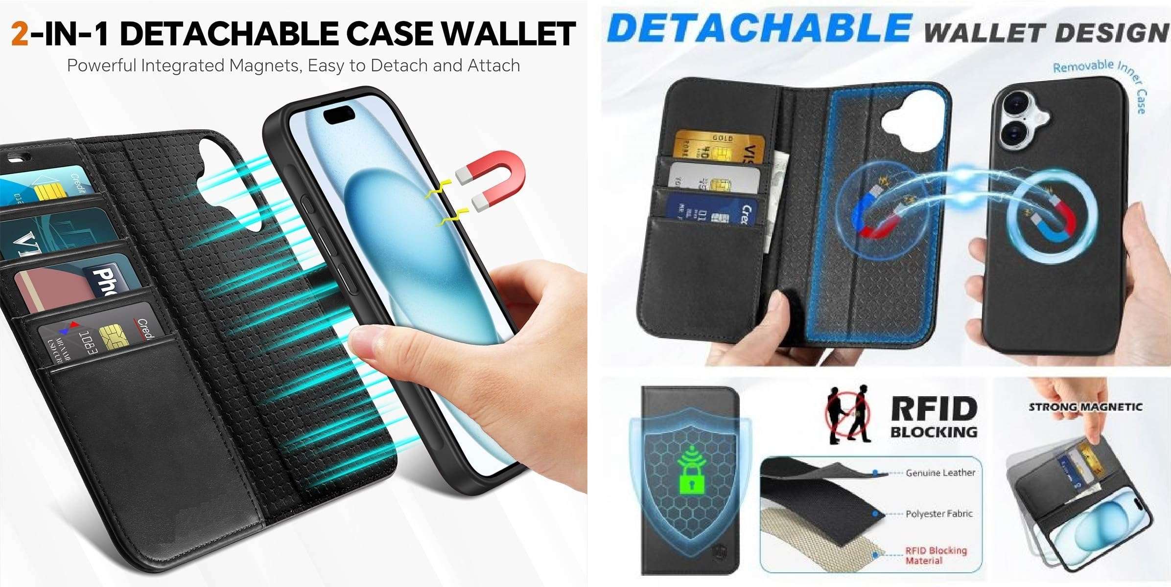 WHITBULL Royal Leather Detachable 2 in 1 Flip case Cover for iPhone 16 Plus/iPhone 16 Max Black 4