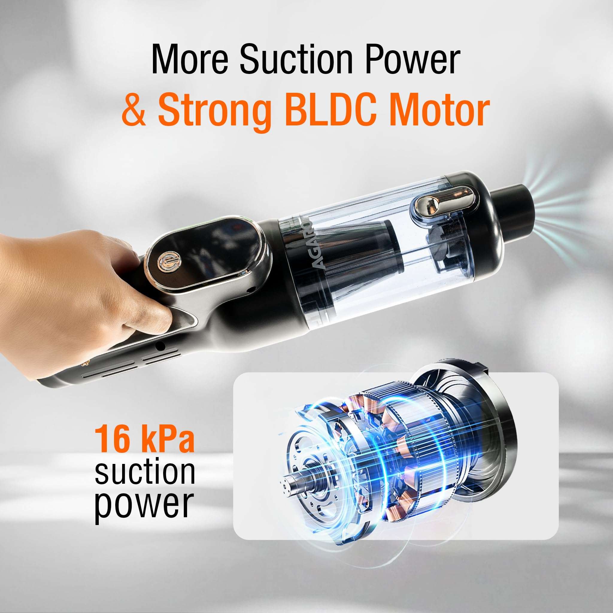 AGARO HVC7799 Cordless Car Vacuum Cleaner, Portable Handheld Vacuum for Car & Home Interiors, 16 kPa High Power Suction, 5000 mAh Rechargeable Battery, Steel HEPA Filter, LED Light, Multiple Nozzles 5