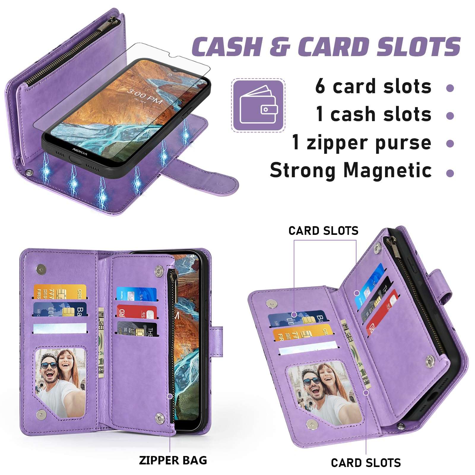 Asuwish Phone Case for Nokia G300 5G N1374DL Zipper Wallet Magnetic Detachable Cell Cover with Screen Protector Crossbody Lanyard Strap Flip Card Holder Slot NokiaG300 G 300 300G 2021 Women Purple 3