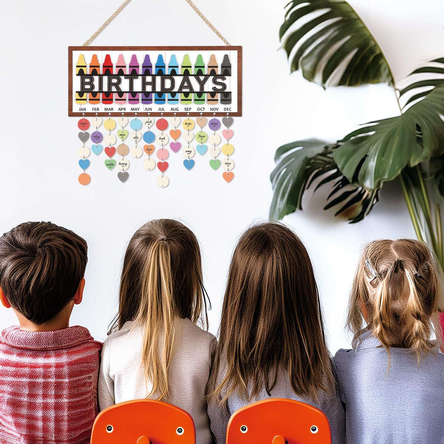 HPNIUB 3D Birthday Calendar Wall Hanging, DIY Family Birthday Plaque with Tags Gifts for Classroom School Home, Colorful Crayon Theme Reminder Tracker Calendar Board with 100pcs Wood Tags(15.4''x6.3'') 4
