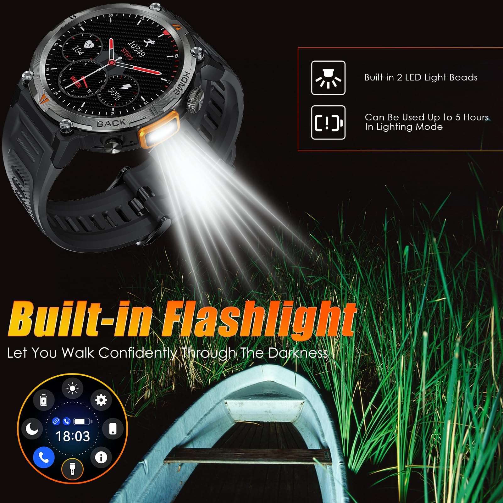 Military Smart Watch for Men 3ATM Waterproof Tactical Rugged Smart Watch with Bluetooth Call Flashlight 1.45" Big Screen Fitness Tracker Heart Rate Sleep Monitor Sports Smartwatch for iPhone Android 3