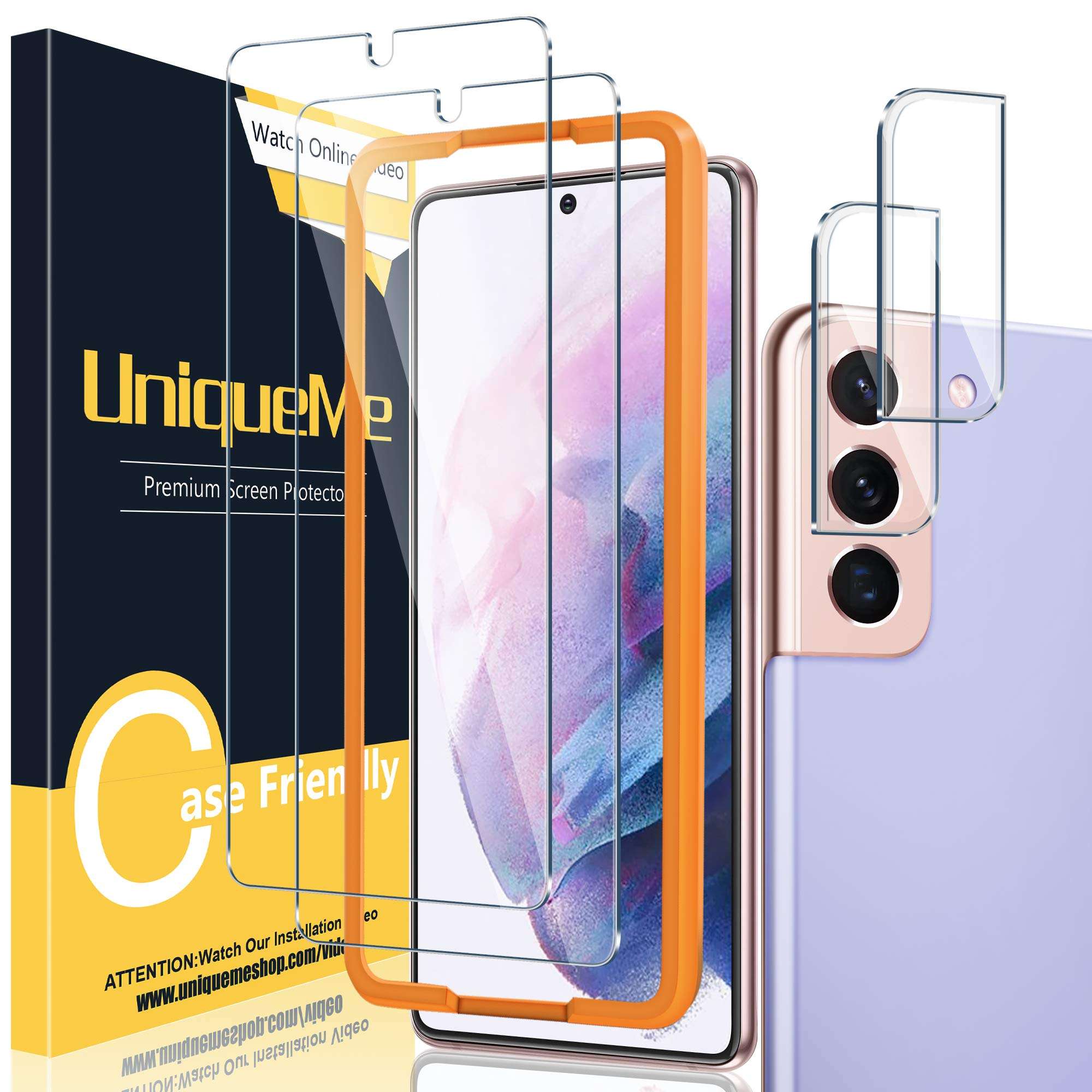 UniqueMe for Samsung Galaxy S21 Plus Screen Protector, 9H Hardness Fingerprint Unlock Samsung S21+ Tempered Glass + Camera Lens Protector with Easy installation Frame - 6.7 inch [ 2+2 Pack ] 1