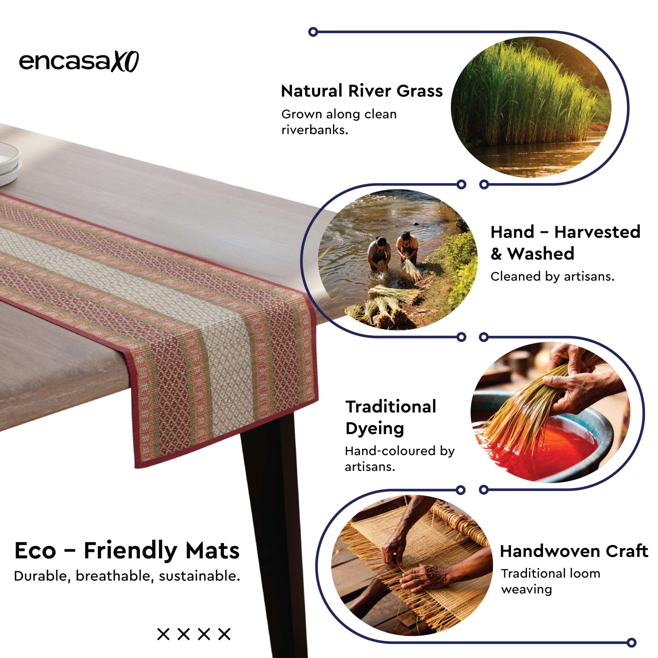 Encasa XO Handcrafted Madurkathi River Grass Table Runner 4 Seater Heat Resistant Table Runner for Dining – 32x150 cm, Black 4