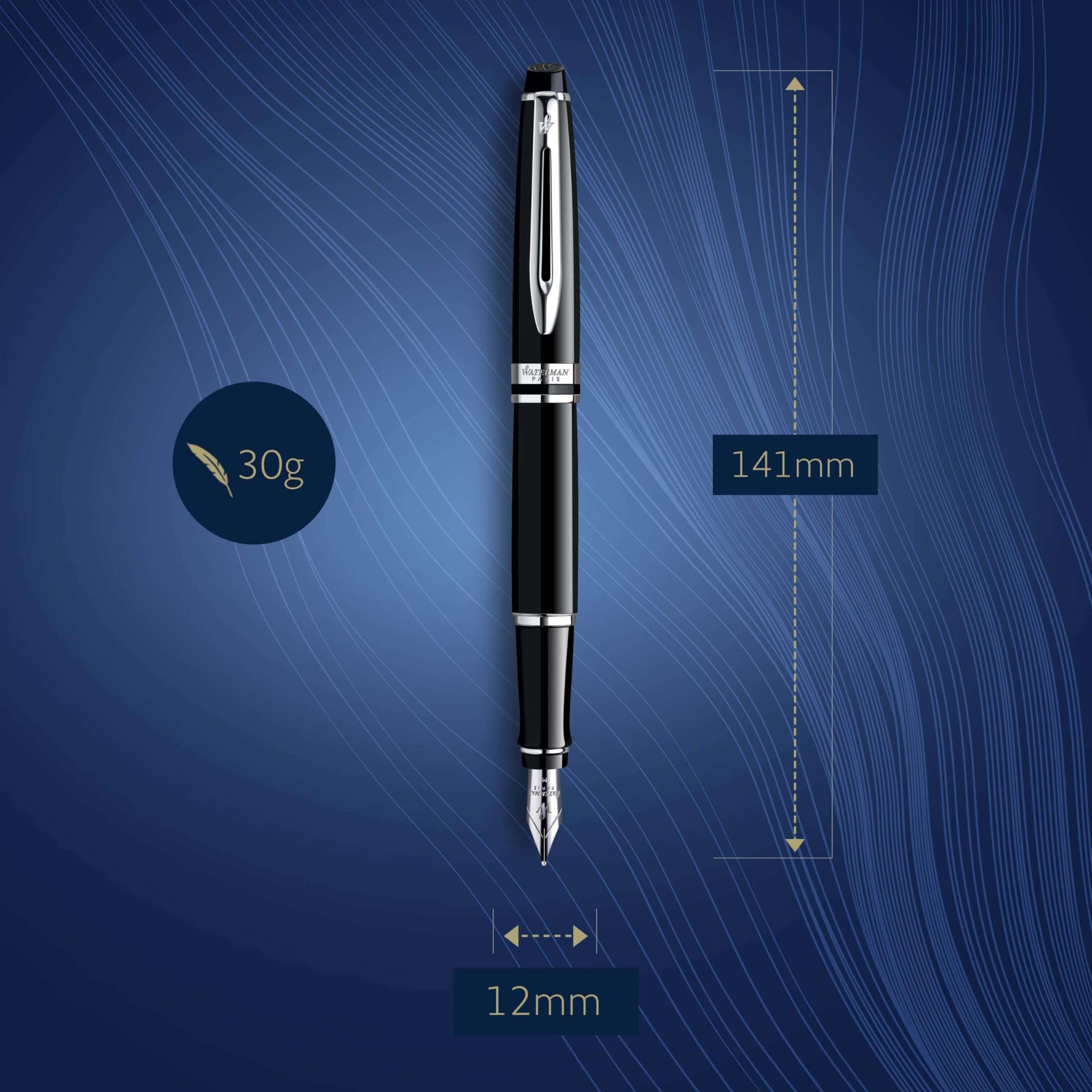Waterman Expert Fountain Pen, Gloss Black with Chrome Trim, Medium Nib with Blue Ink Cartridge, Gift Box 4
