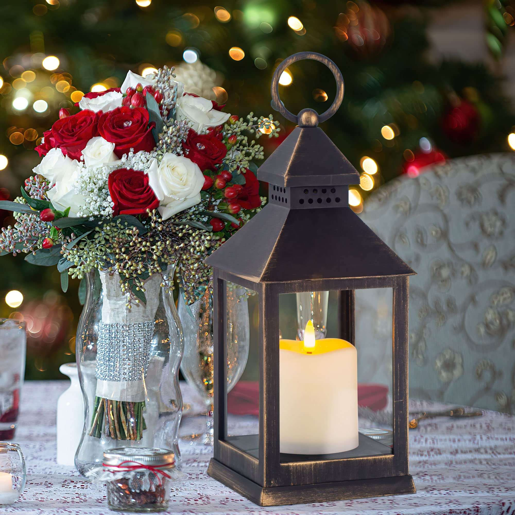 Yongmao Vintage Golden Brushed Black Lantern Decorative LED Flickering Flameless Candle with Timer, Battery Powered LED Decorative Hanging Lanterns for Indoor Outdoor Garden Yard Home Decor(4 Pack) 3