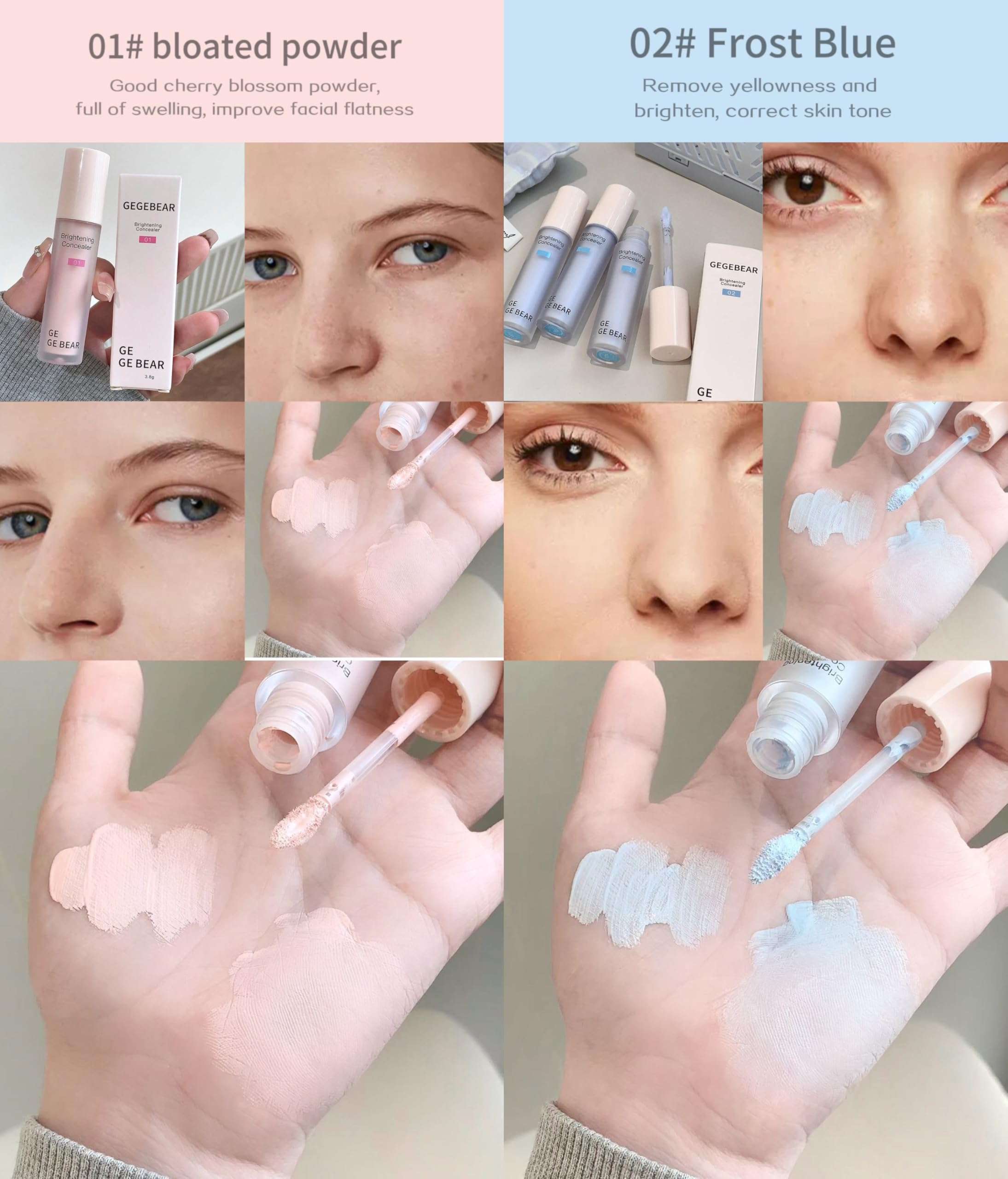 Gege Bear Concealer for Women | Age Rewind Concealer for Dark Circles & Blemishes | High Coverage face makeup | Mousse Texture with Natural Glow | Color Correcting Shades | Liquid Brightening | Waterproof & Sweatproof | Flawless Finish With Brush Applicator (03# Snow White, 3.8g) 4