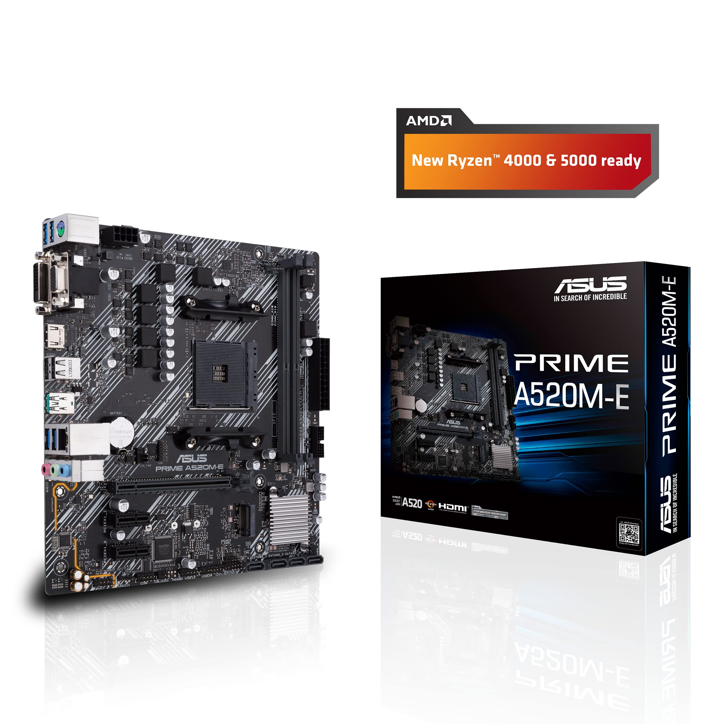 Asustek Computer Prime A520M-E AMD A520 (Ryzen AM4) Micro ATX Motherboard with M.2 Support, 1 Gb Ethernet, HDMI/DVI/D-Sub, SATA 6 Gbps, USB 3.2 Gen 2 Type-A 2
