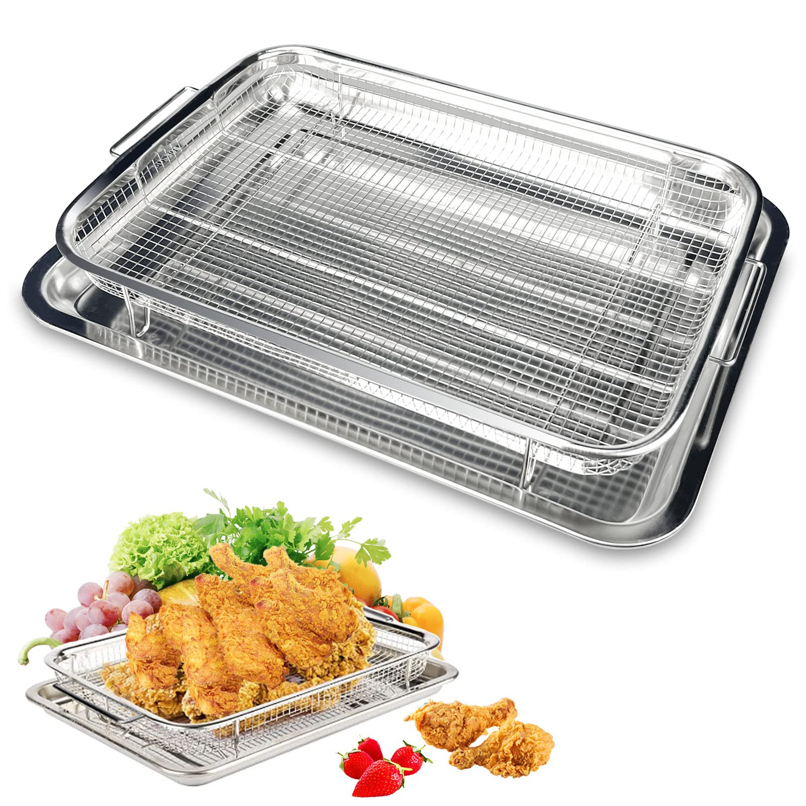 Air Fryer Basket for Oven, 2 Pieces Stainless Steel Air Fryer Baking Pans, 15.39 X 11.42 Inch Crisper Tray, Mesh Grill Basket Replacement, Airfryer Rack for Chicken, French Fry and Frozen Food 1