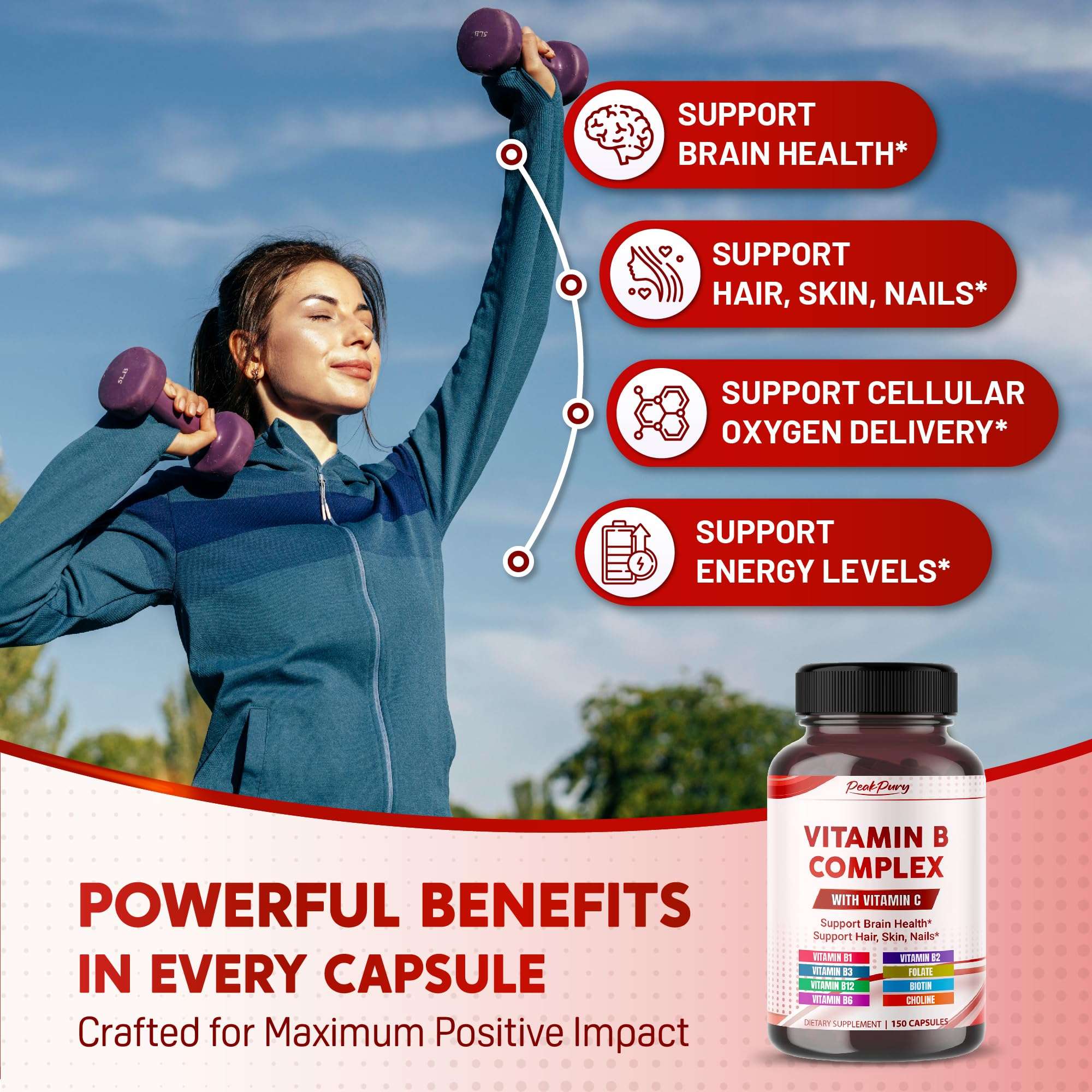 PEAKPURY Ultra Vitamin B Complex with Vitamin C – Supports Brain Health & Promotes Healthy Hair, Skin, and Nails – High Potency B1, B2, B3, Folate, B12, Biotin, B5 & Choline - Made in The USA 5