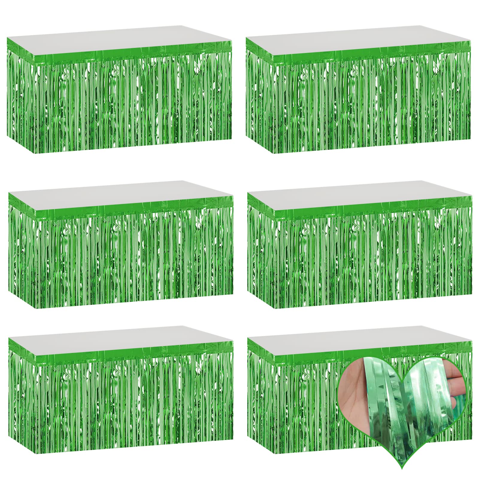 6 Pack 29x108 Inch Light Green Metallic Foil Fringe Table Skirts Banner for Tinsel Streamer Garland Curtains Backdrop for Parade Floats Baby Shower Birthday Christmas Halloween Party Decoration