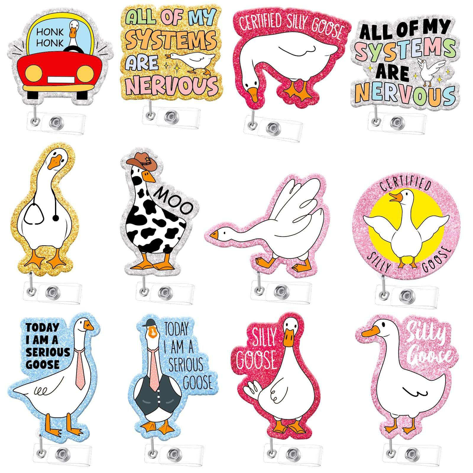 12 PCS Funny Silly Goose Badge Reel Goose Badge Holder Clip Nurse ID Badges Clip Nurse Retractable ID Card Holder Cute Badges Reel for Doctor Student Medical Coworker Work Accessories Bulk Gifts 1