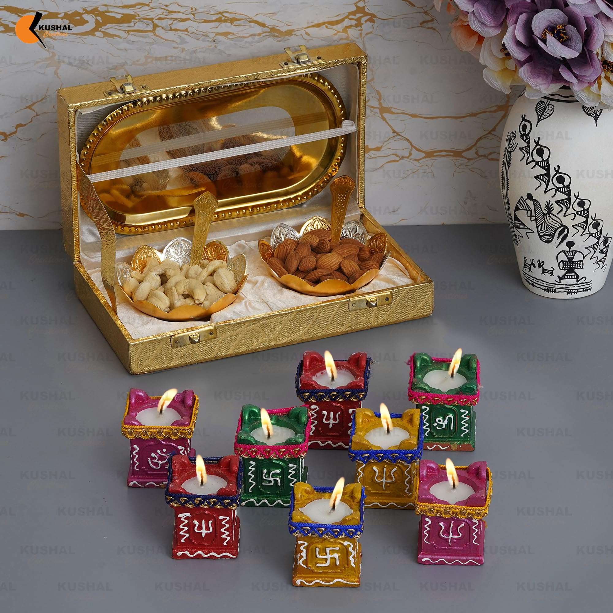 KUSHAL CREATIONS Silver Plated Festival Gift Silver Plated Brass Bowls Set of 5 Pcs. Golden Box Dinner Set with Tulsi Diya Set of 8 Pcs. 3