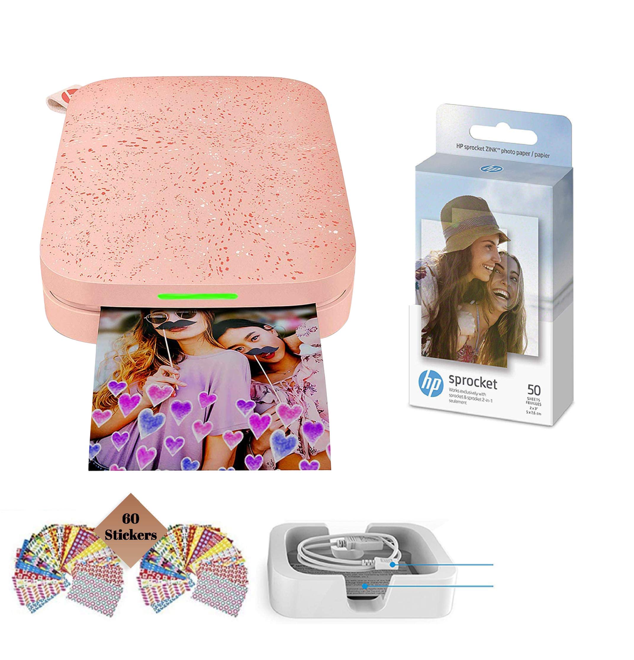 HP Sprocket Photo Printer, (2nd Edition) Print Social Media Photos on 2x3 Sticky-Backed Paper (Blush) + Photo Paper (50 Sheets) + USB Cable + 60 Decorative Stick-On Border Frames 1
