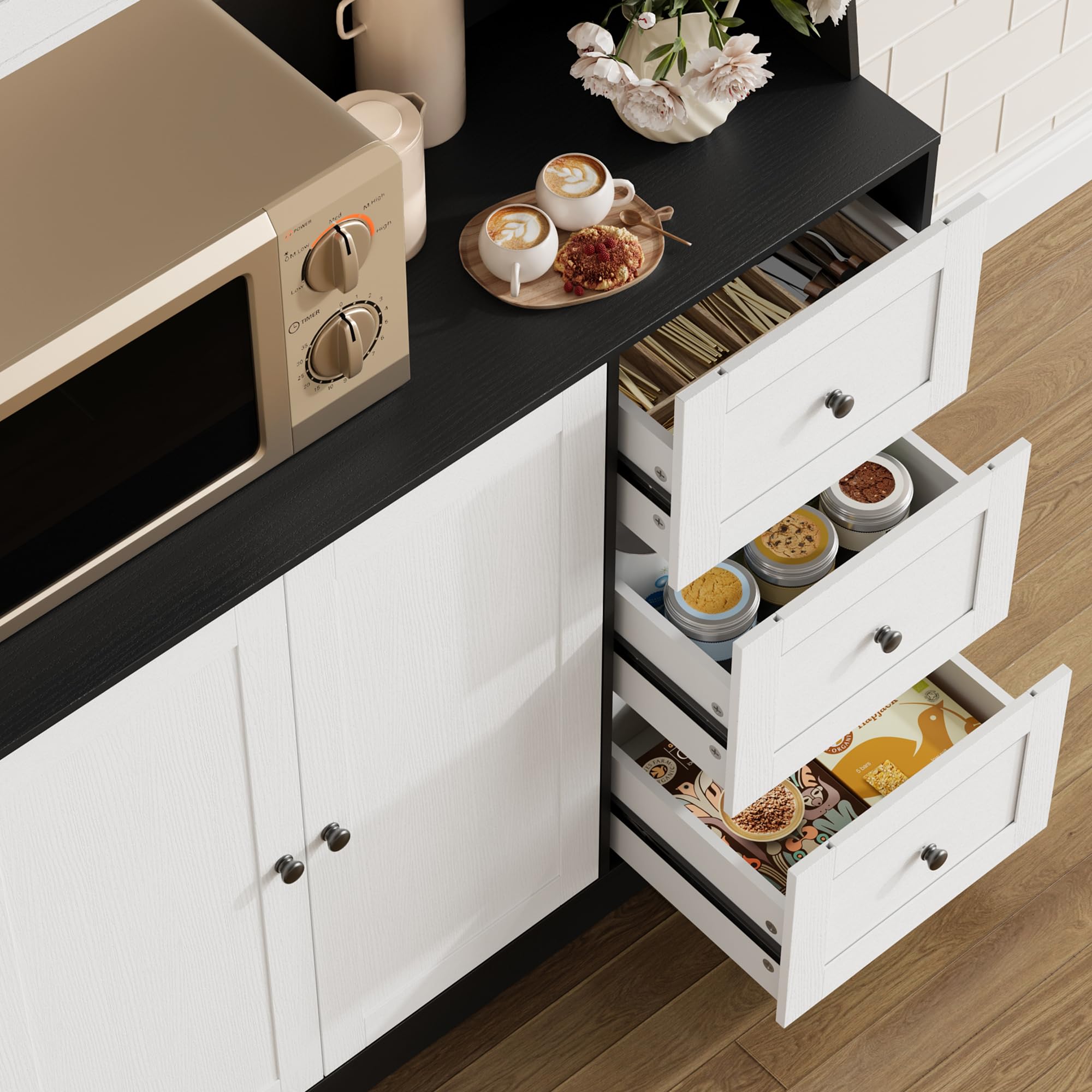 Kitchen Pantry Cabinet with Storage, Buffet Cabinet with Countertop for Microwave Stand, Tall Sideboard Storage Hutch Cabinets with LED, 3 Drawers & Adjustable Shelves for Dining Room, Black and White 6