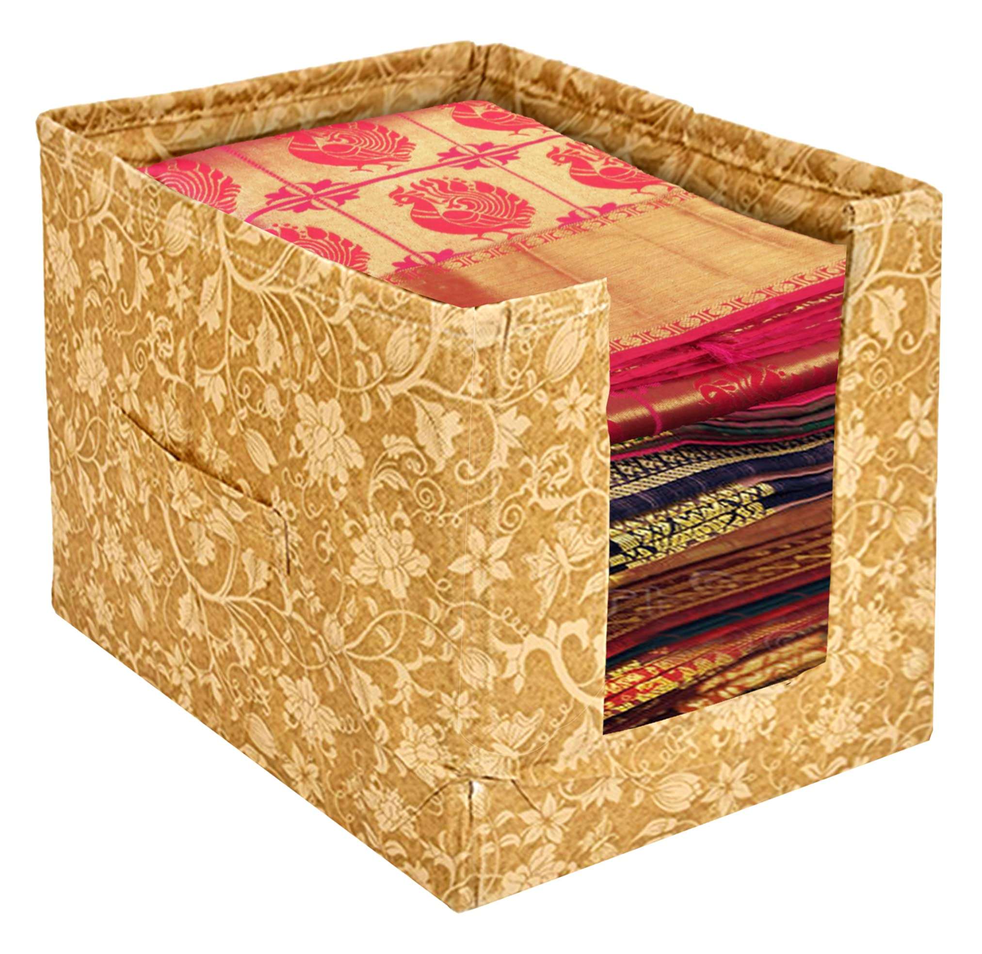 Kuber Industries Metalic Flower Print Foldable Rectangle Cloth Saree Stacker Cloth Wardrobe Organizer- Pack of 6 (Beige) 3