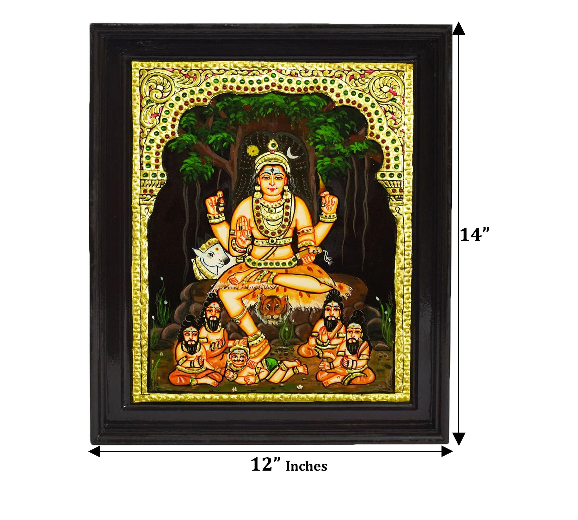 Tarang Arts Dakshinamurthy Sitting Tanjore Paintings with Wooden Frame, Jaipur Stones Handwork Painting, 2D Emboss Design & 22-Carat Gold Foil for Home/Puja/Wall Decor/Gifts (14x12 Inches) 4