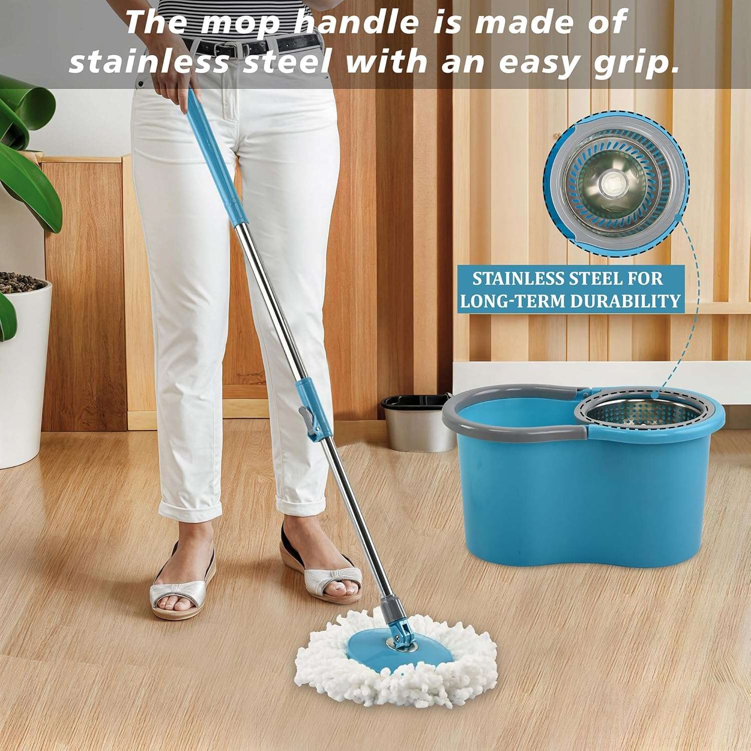 YANA Majestix Stainless Steel Winger with 4 Wheels & Big Bucket with Puller Handle, Bucket Floor Mopping System 360° Flexible, 2 Microfiber Refills, Big Size | Pocha for Floor Cleaning | Aqua 4